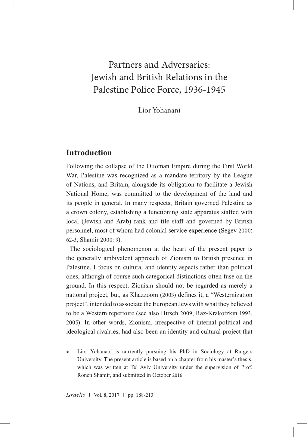 Jewish and British Relations in the Palestine Police Force, 1936-1945