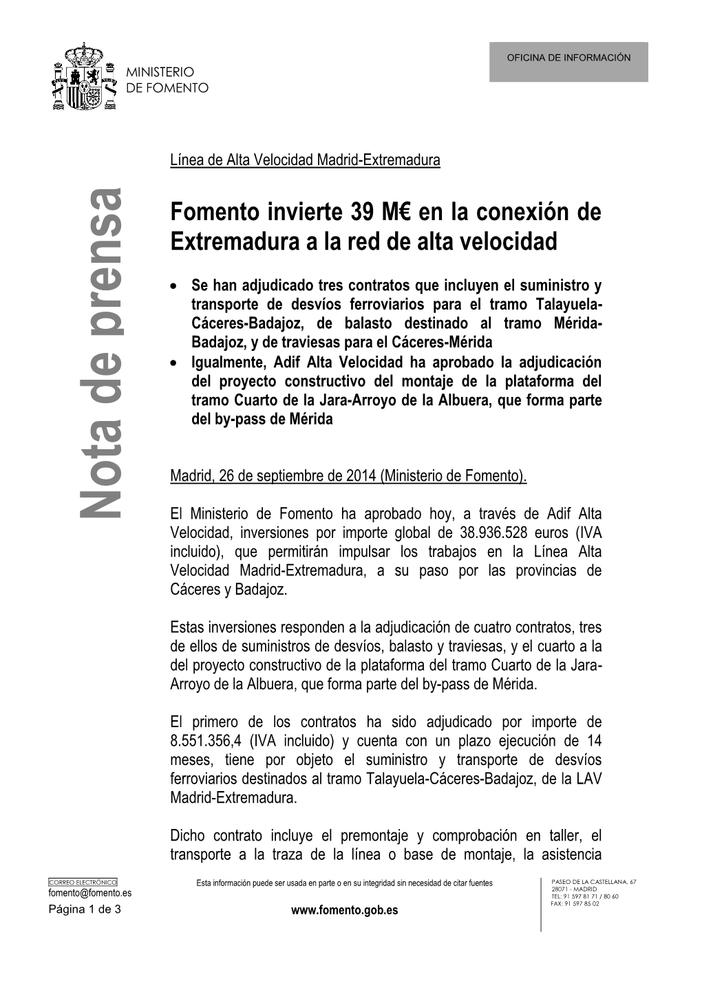 Fomento Invierte 39 M€ En La Conexión De Extremadura a La Red De Alta Velocidad