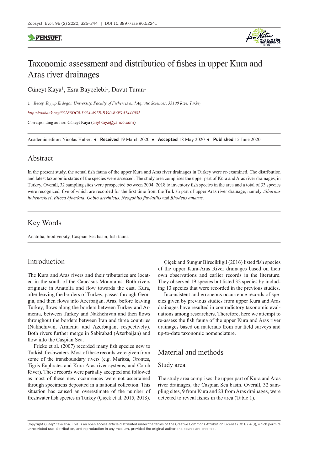 Taxonomic Assessment and Distribution of Fishes in Upper Kura and Aras River Drainages