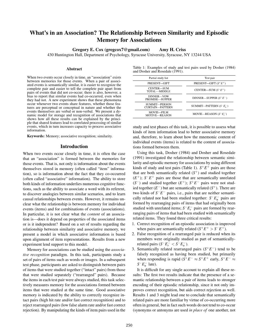 The Relationship Between Similarity and Episodic Memory for Associations Gregory E