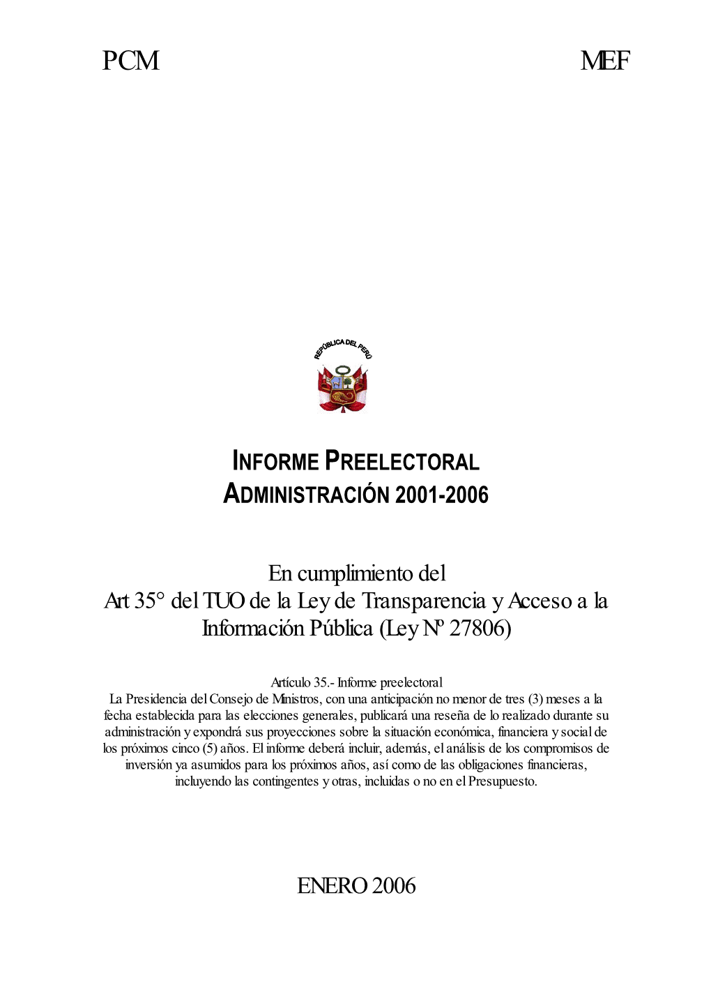 Pcm Mef Informe Preelectoral Administración 2001-2006