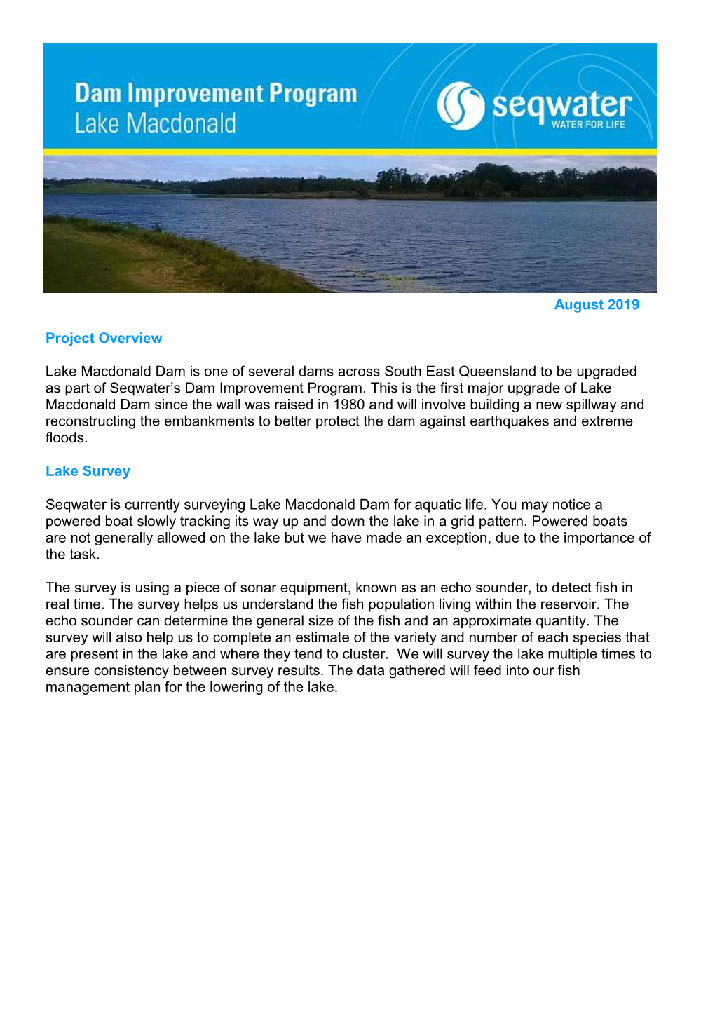 Lake Macdonald Dam Upgrade, August 2019