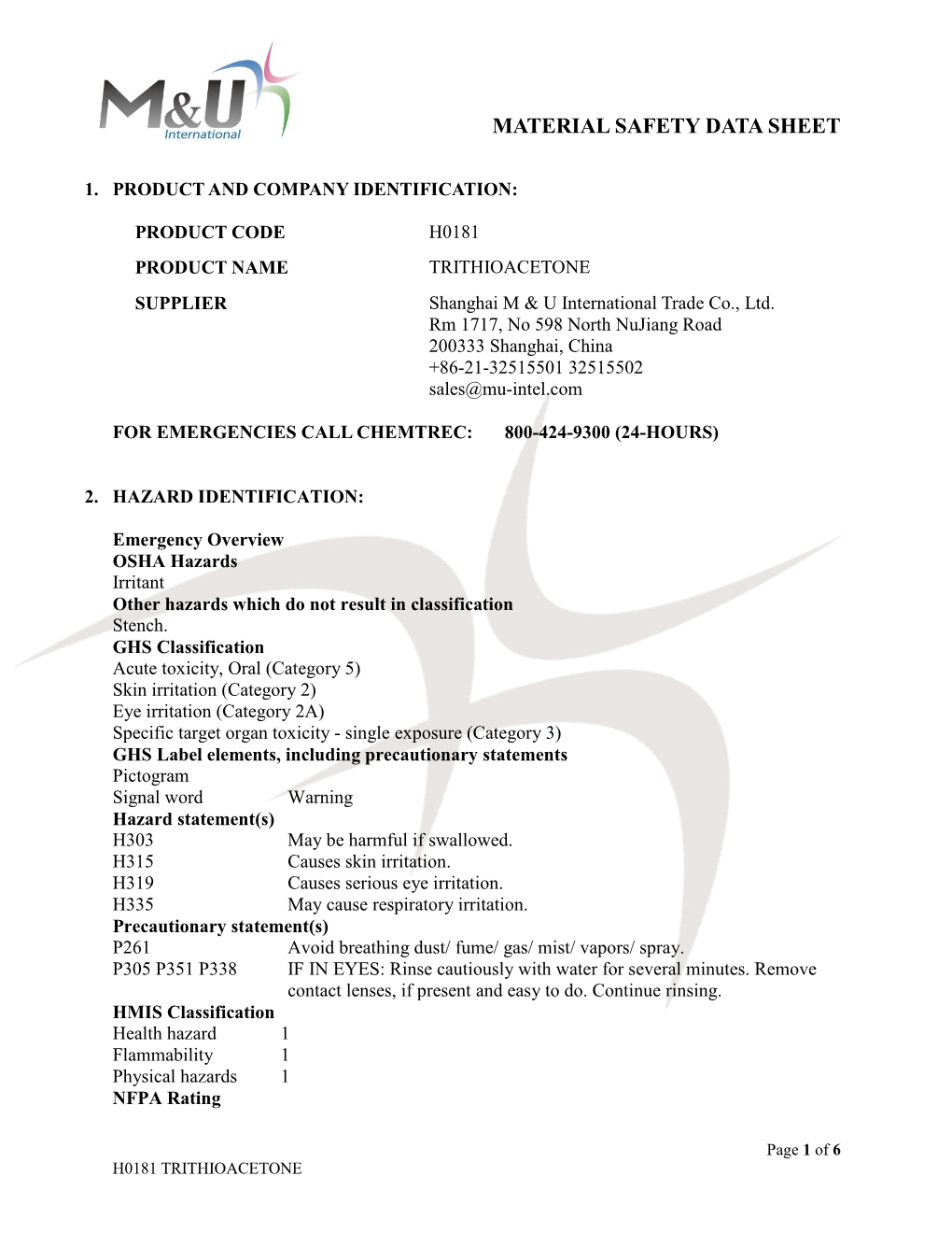 Material Safety Data Sheet