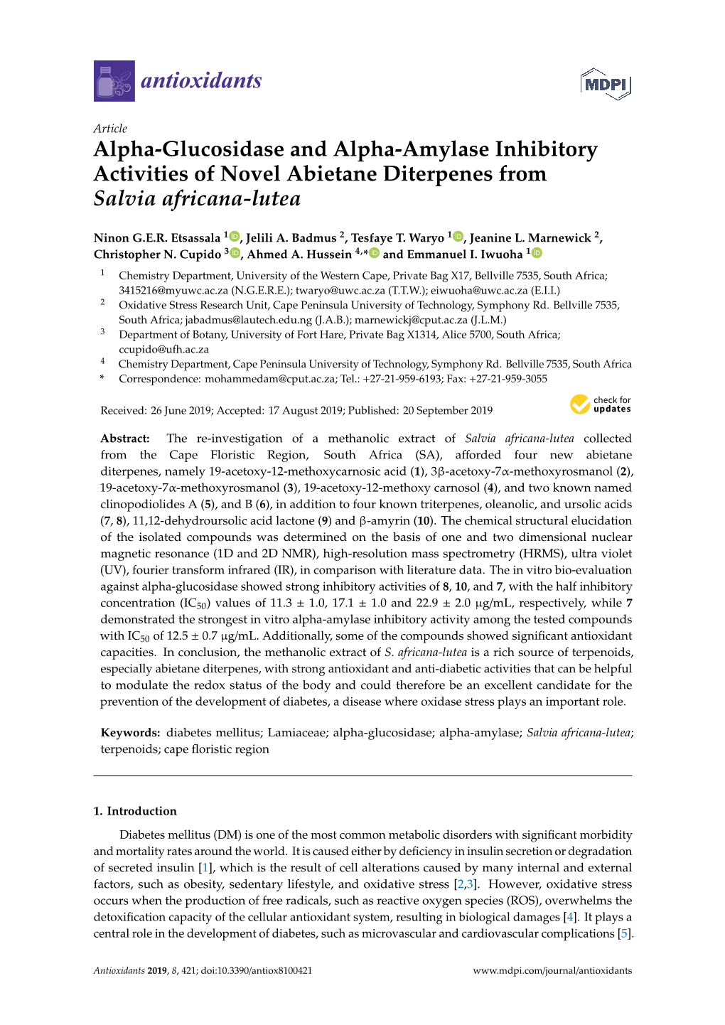 Alpha-Glucosidase and Alpha-Amylase Inhibitory Activities of Novel Abietane Diterpenes from Salvia Africana-Lutea