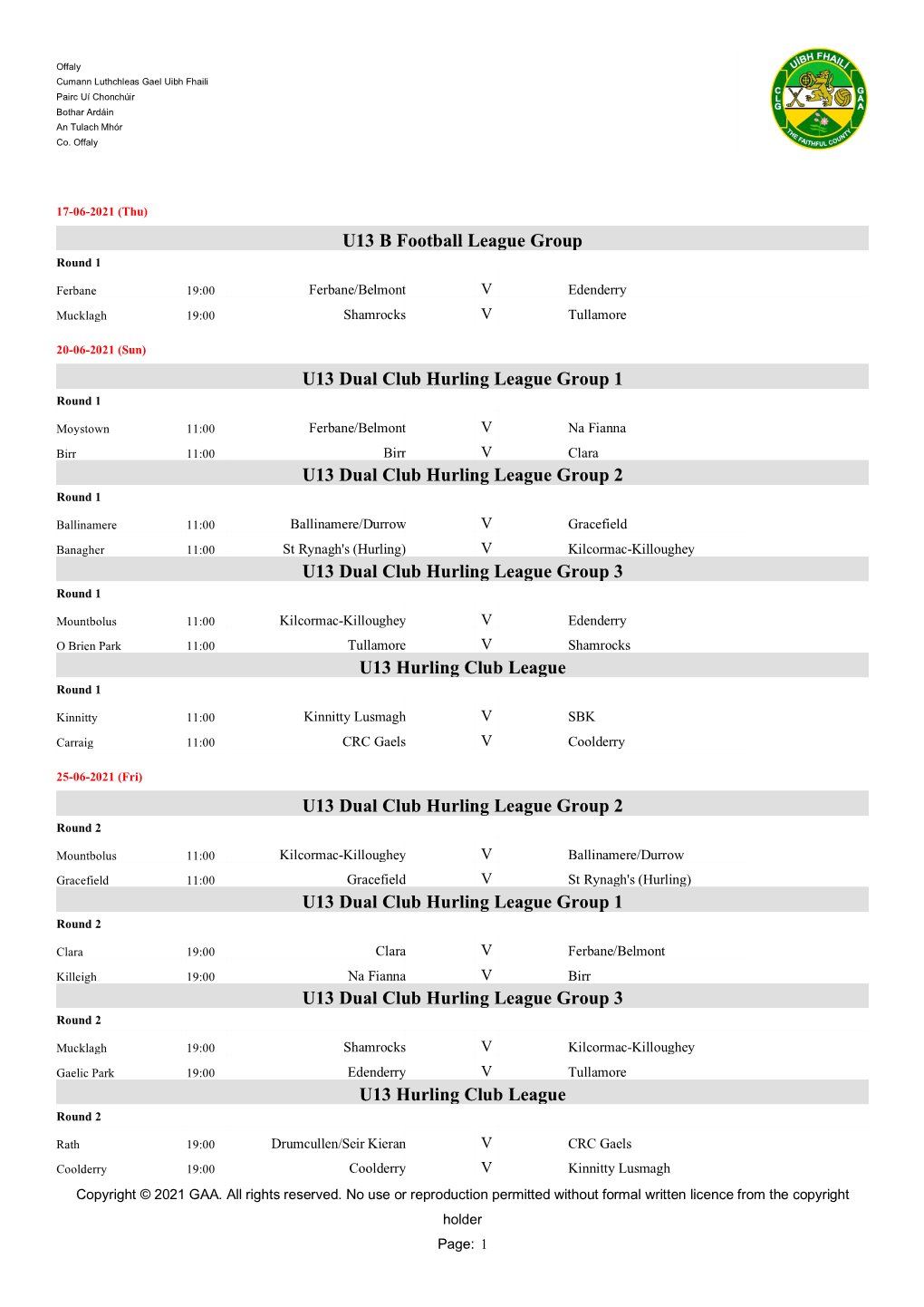 2021 U13 Hurling & Football Leagues