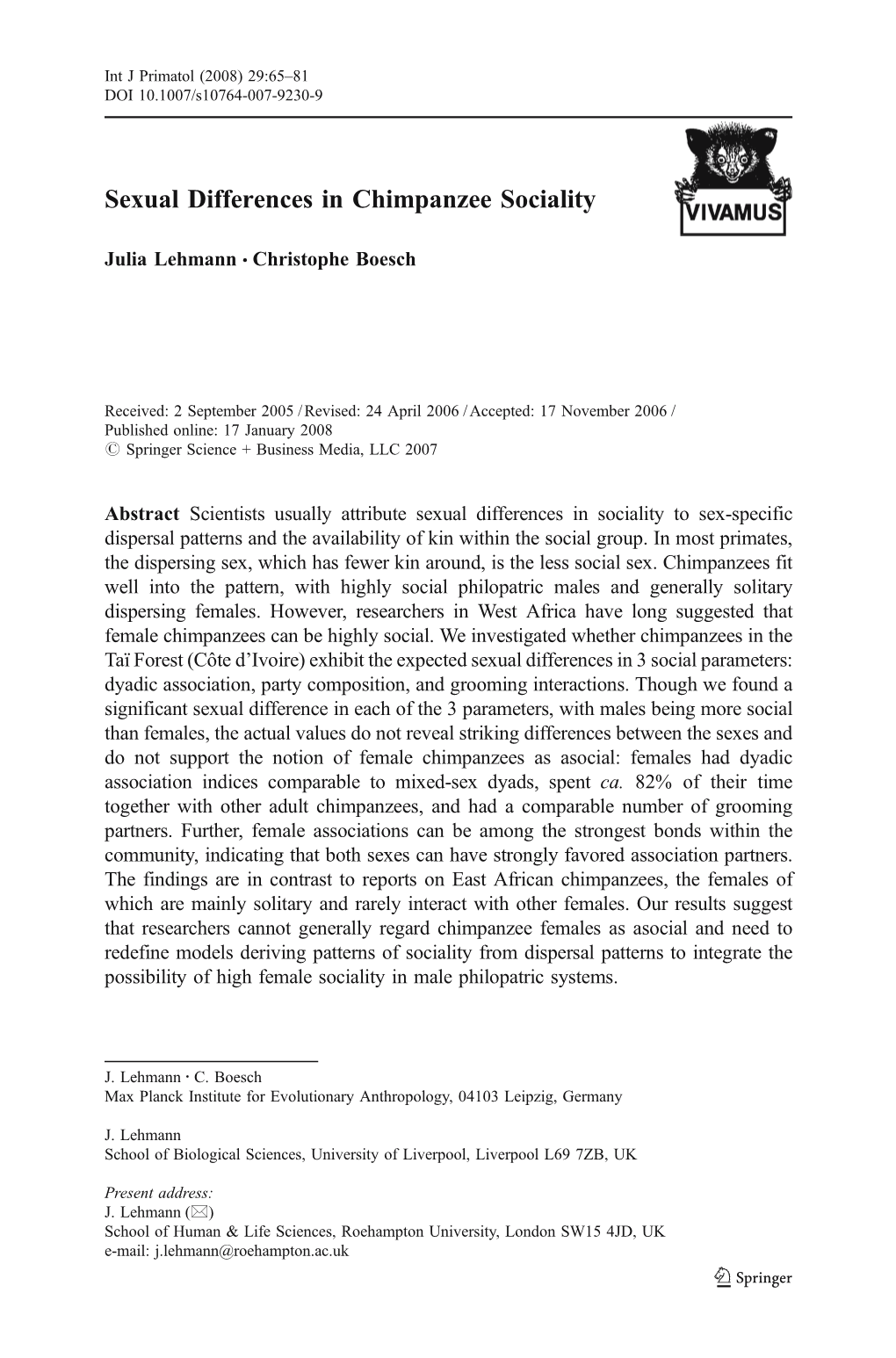 Sexual Differences in Chimpanzee Sociality