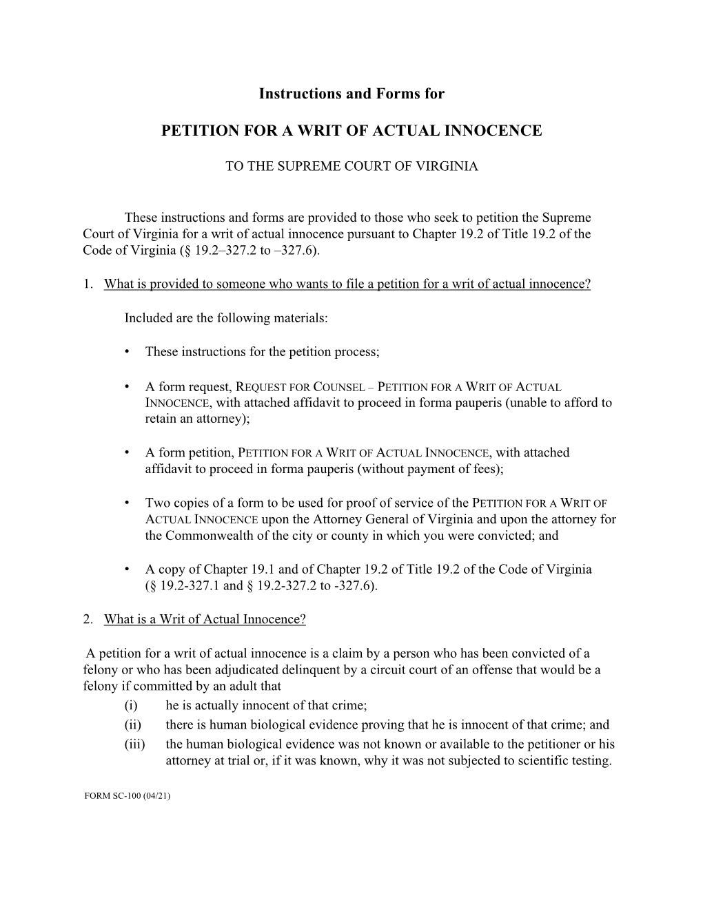 Instructions and Forms for PETITION for a WRIT of ACTUAL