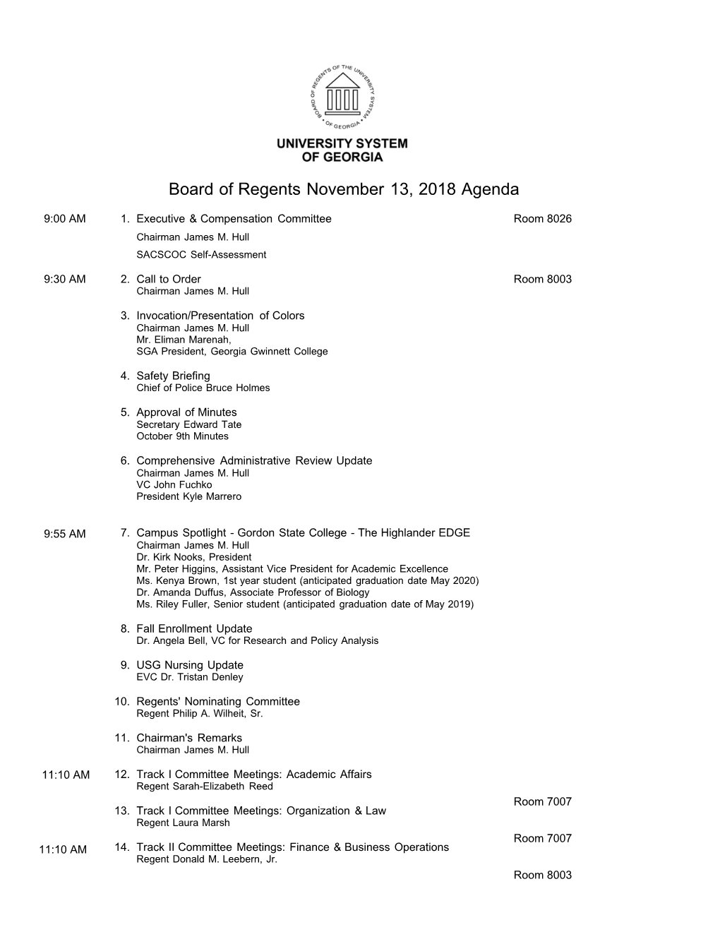 BOR Meeting Agenda, Nov. 2018