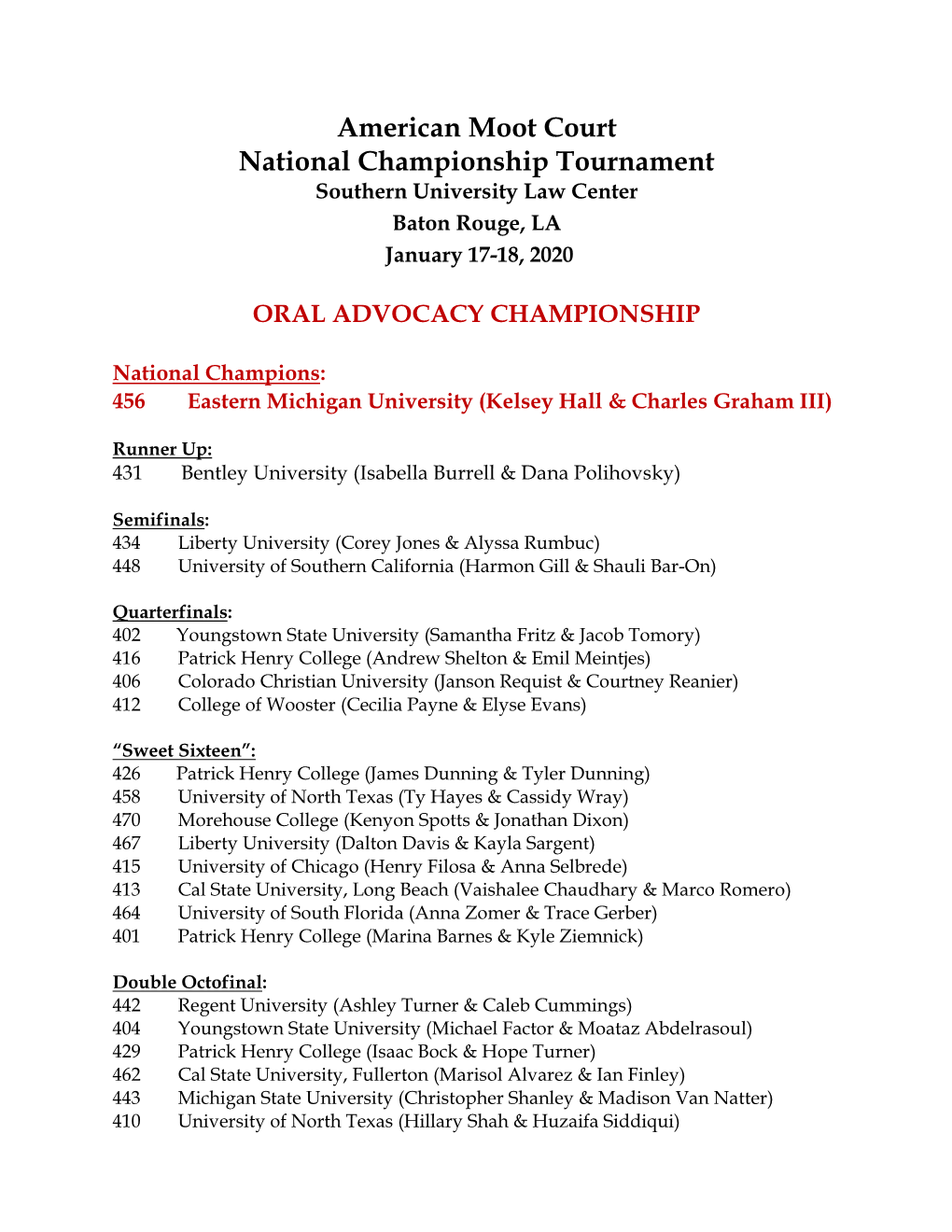 American Moot Court National Championship Tournament Southern University Law Center Baton Rouge, LA January 17-18, 2020
