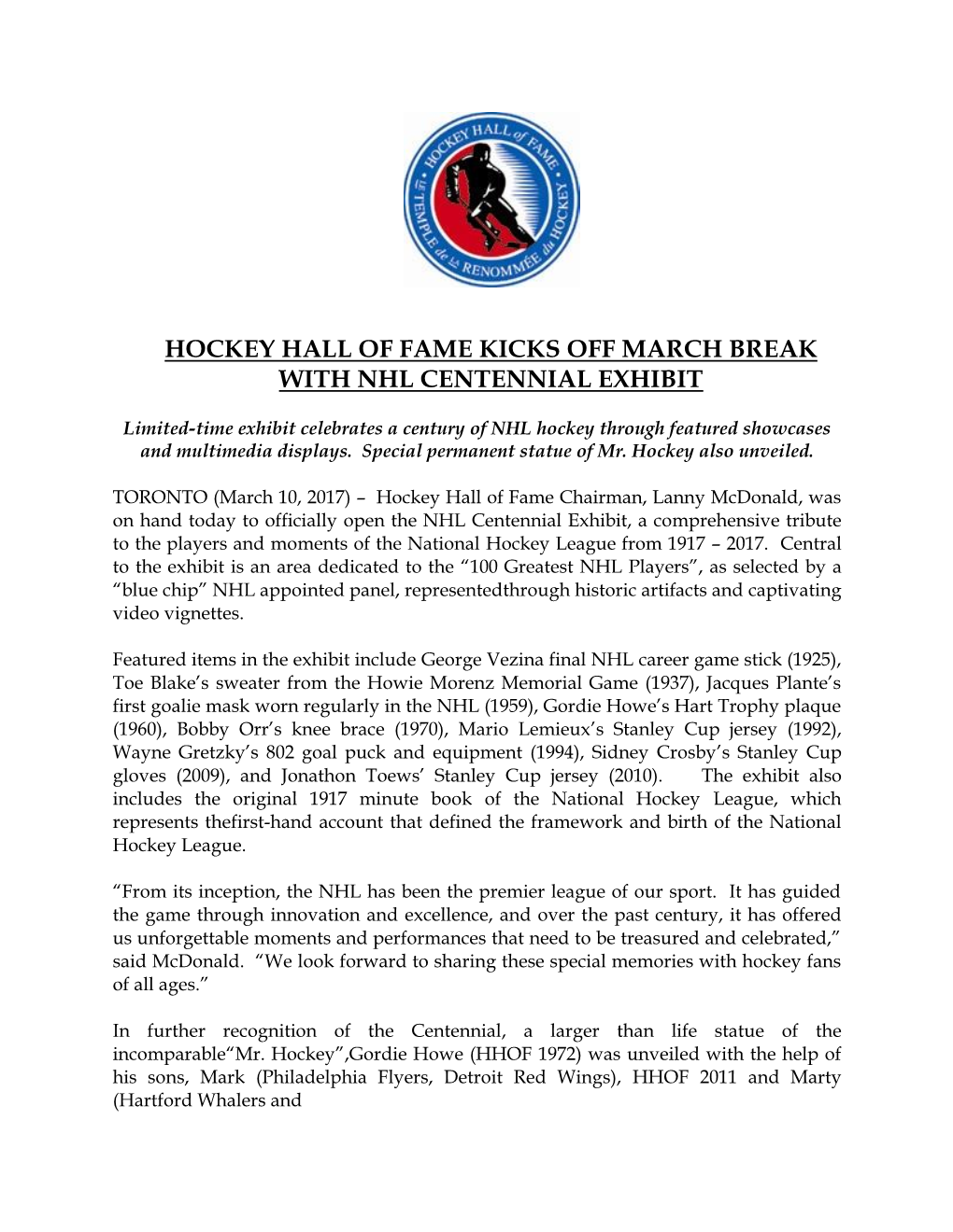 Hockey Hall of Fame Kicks Off March Break with Nhl Centennial Exhibit