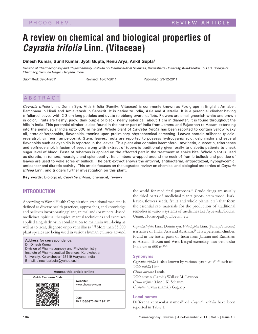 A Review on Chemical and Biological Properties of Cayratia Trifolia Linn