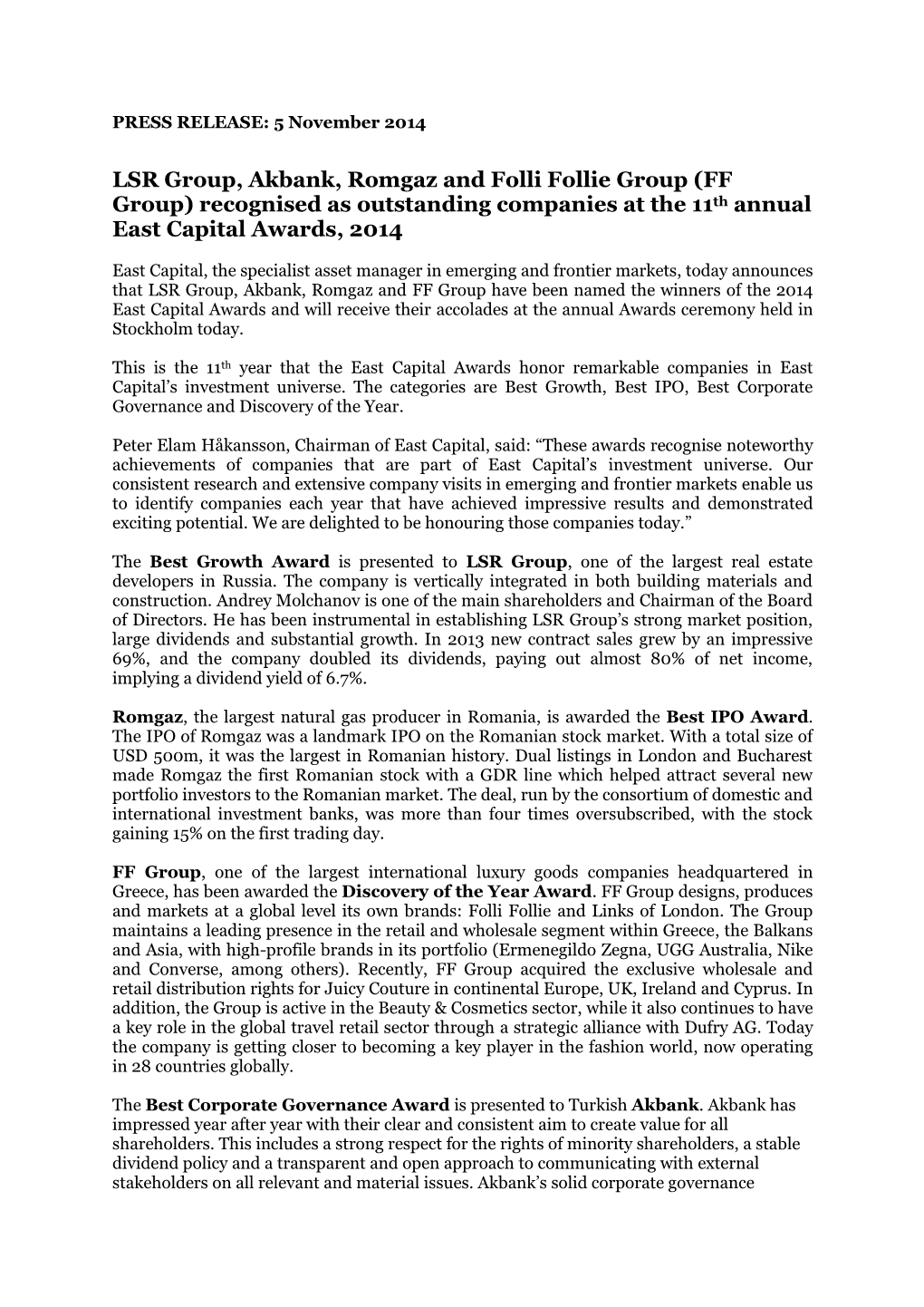 FF Group) Recognised As Outstanding Companies at the 11Th Annual East Capital Awards, 2014