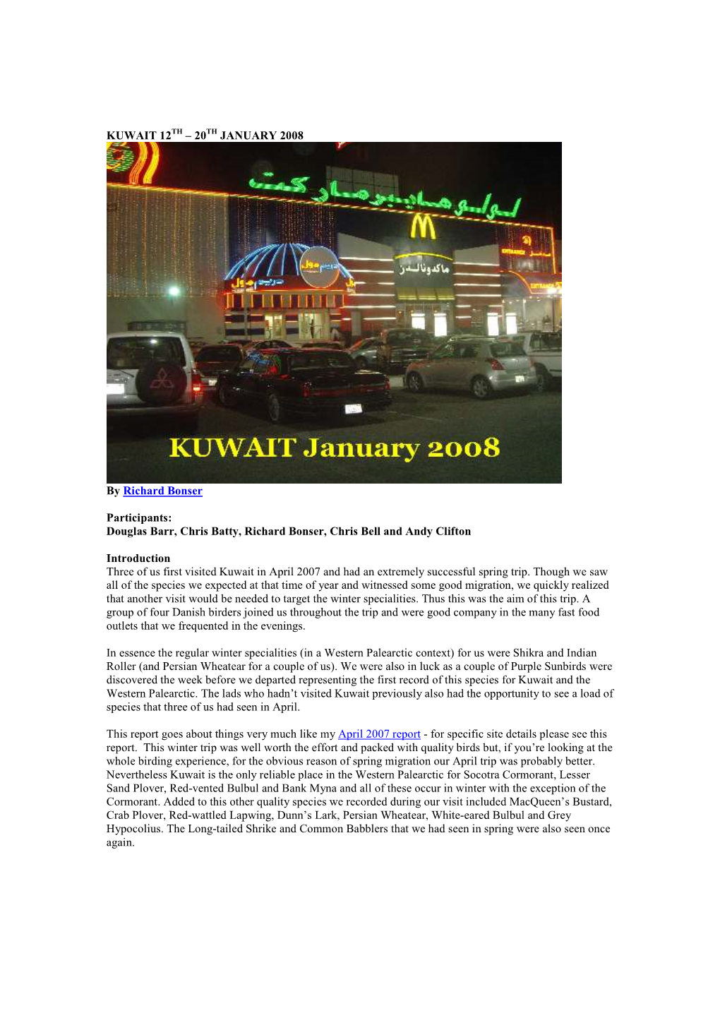 KUWAIT 12TH – 20TH JA UARY 2008 by Richard Bonser Participants