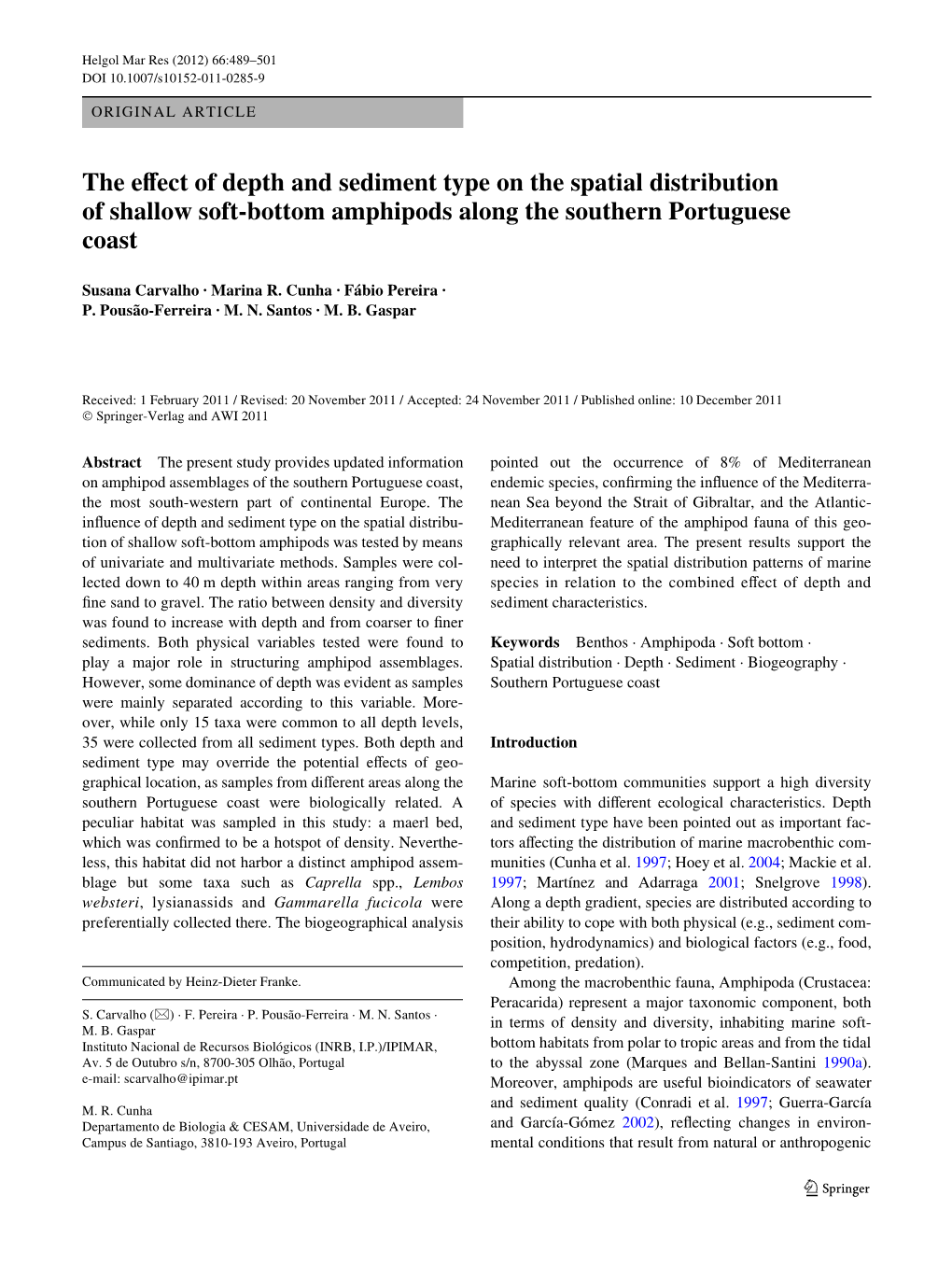 The Evect of Depth and Sediment Type on the Spatial Distribution of Shallow Soft-Bottom Amphipods Along the Southern Portuguese Coast