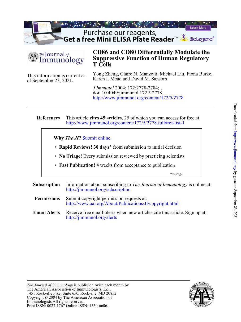 T Cells Suppressive Function of Human Regulatory CD86 And