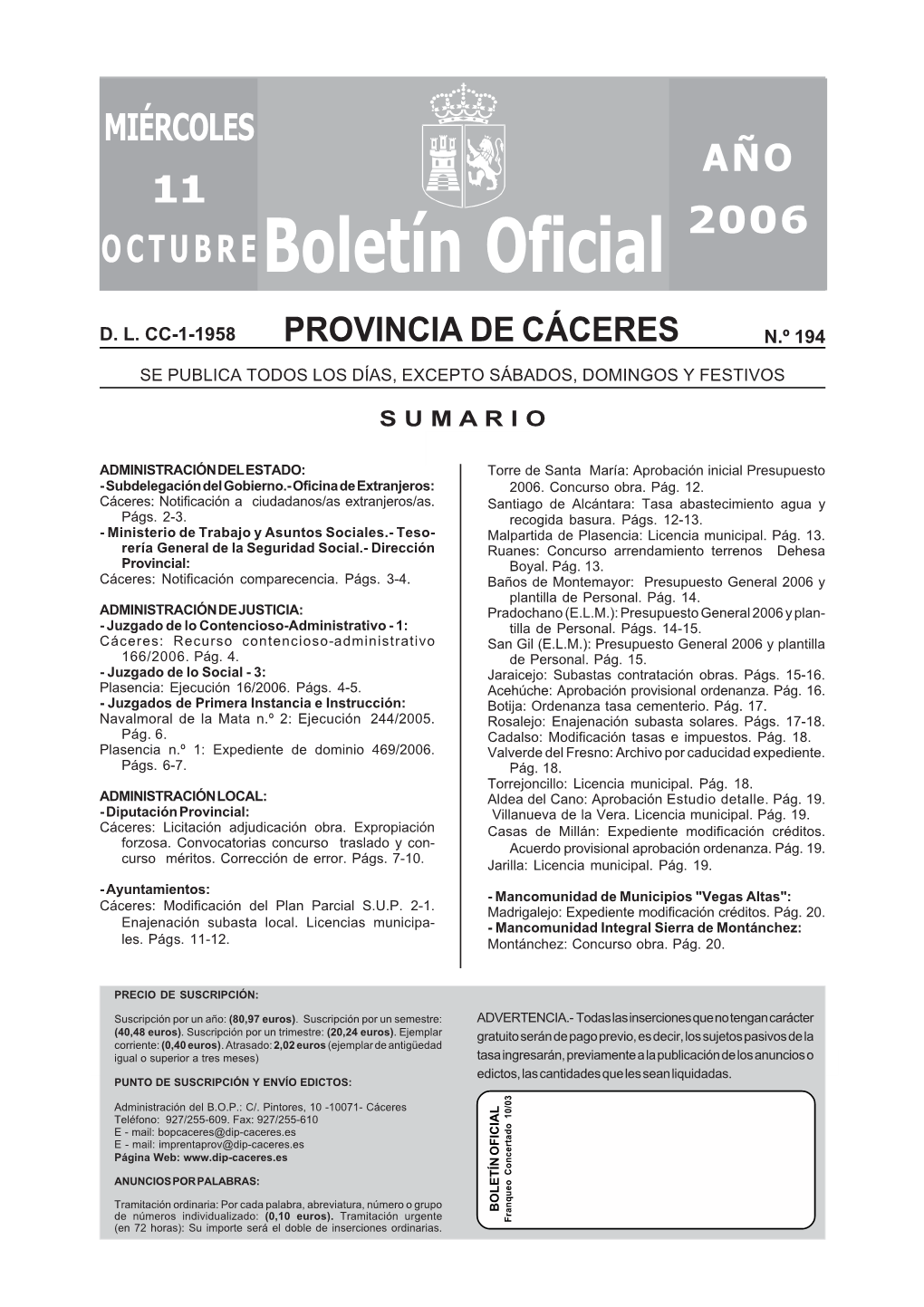 Boletín Oficial De La Provincia De Cáceres