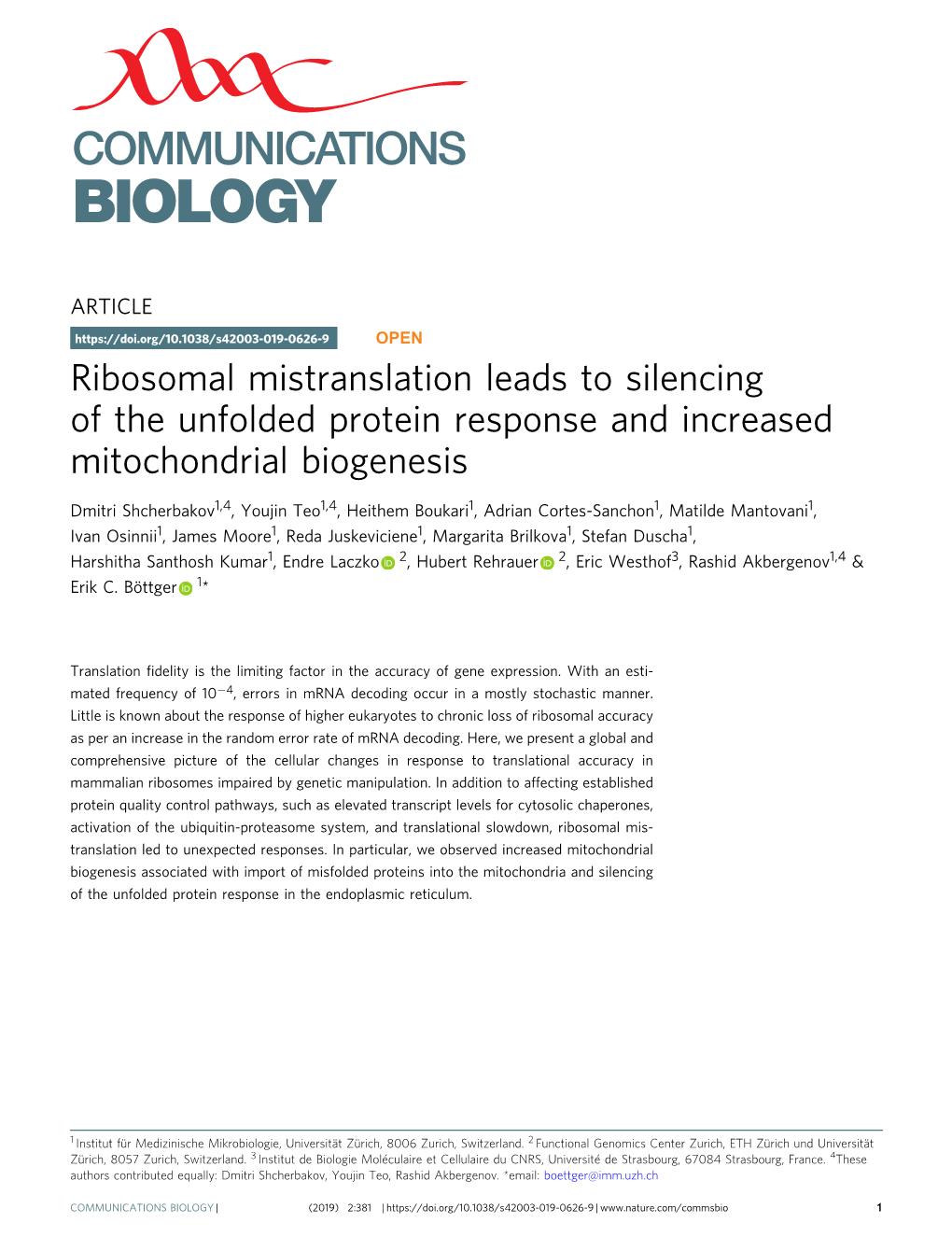 Ribosomal Mistranslation Leads to Silencing of the Unfolded Protein Response and Increased Mitochondrial Biogenesis