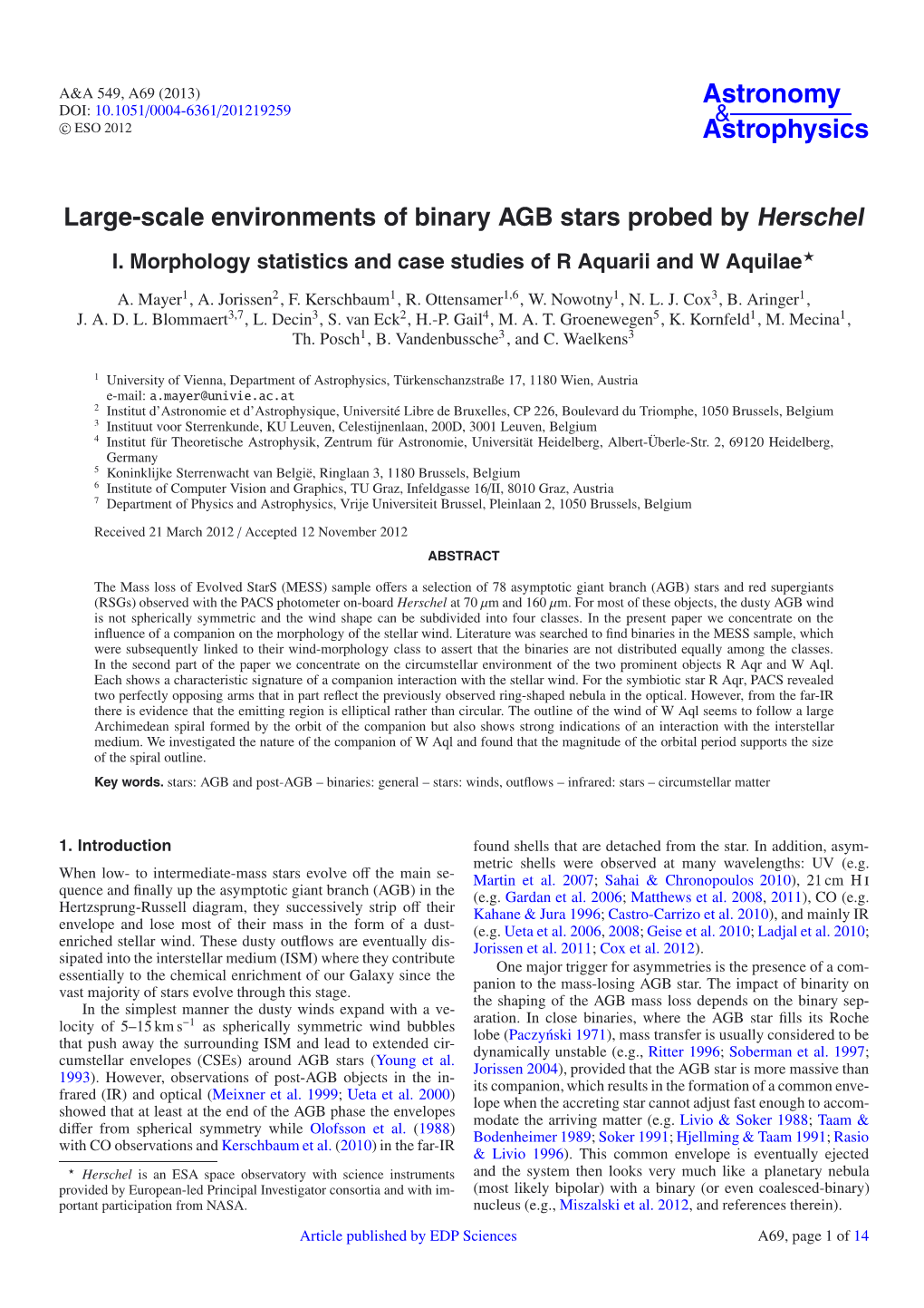 Large-Scale Environments of Binary AGB Stars Probed by Herschel I