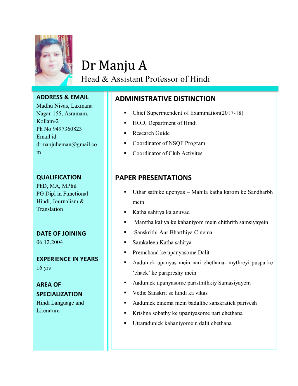 Dr Manju a Head & Assistant Professor of Hindi