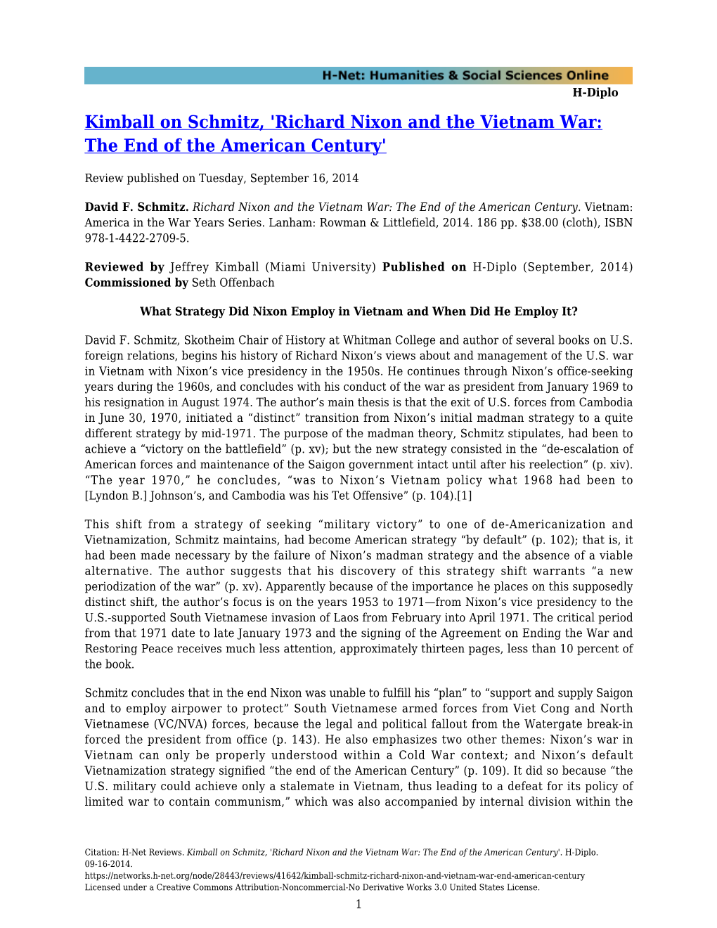 Kimball on Schmitz, 'Richard Nixon and the Vietnam War: the End of the American Century'