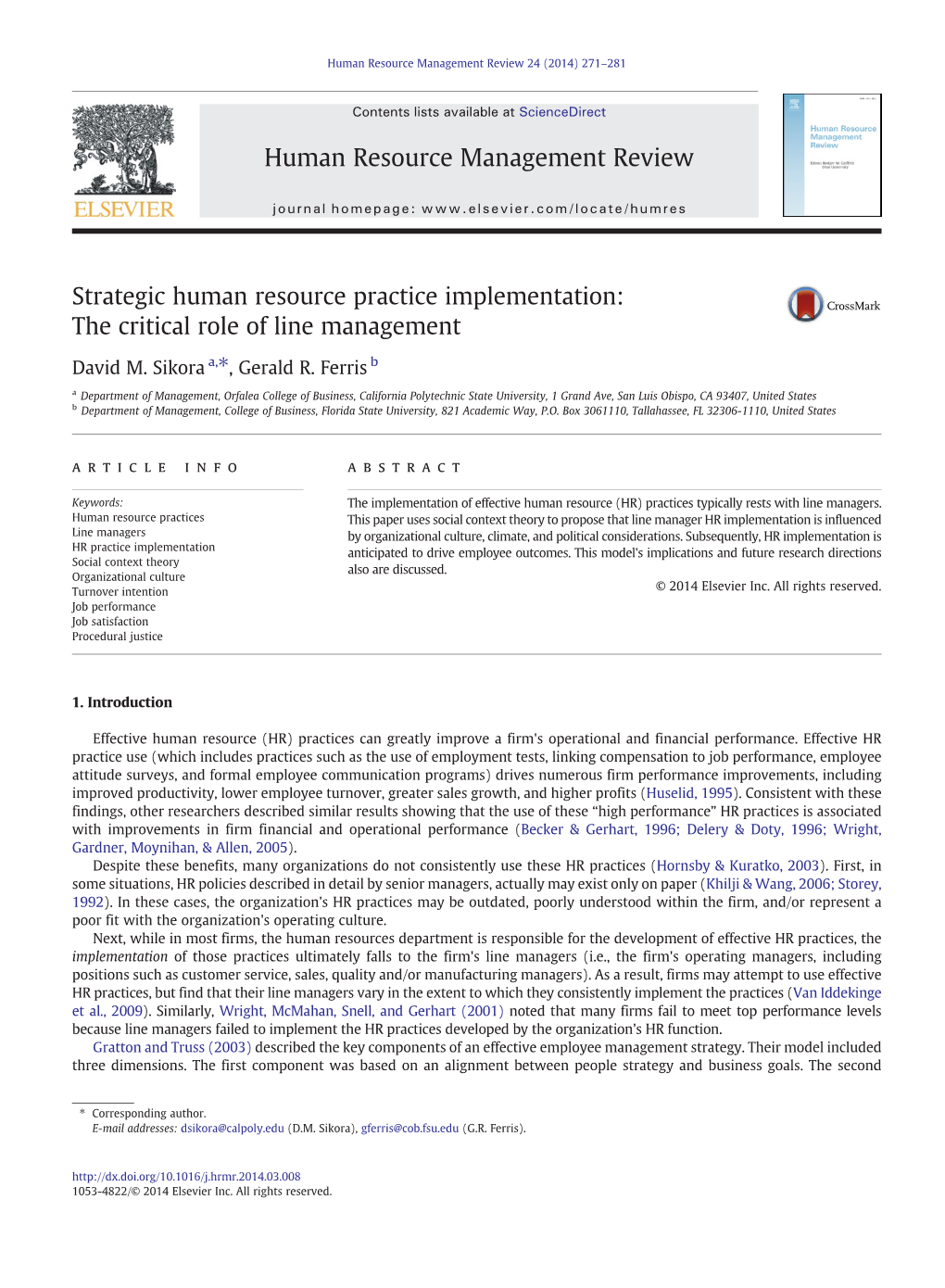 Strategic Human Resource Practice Implementation: the Critical Role of Line Management