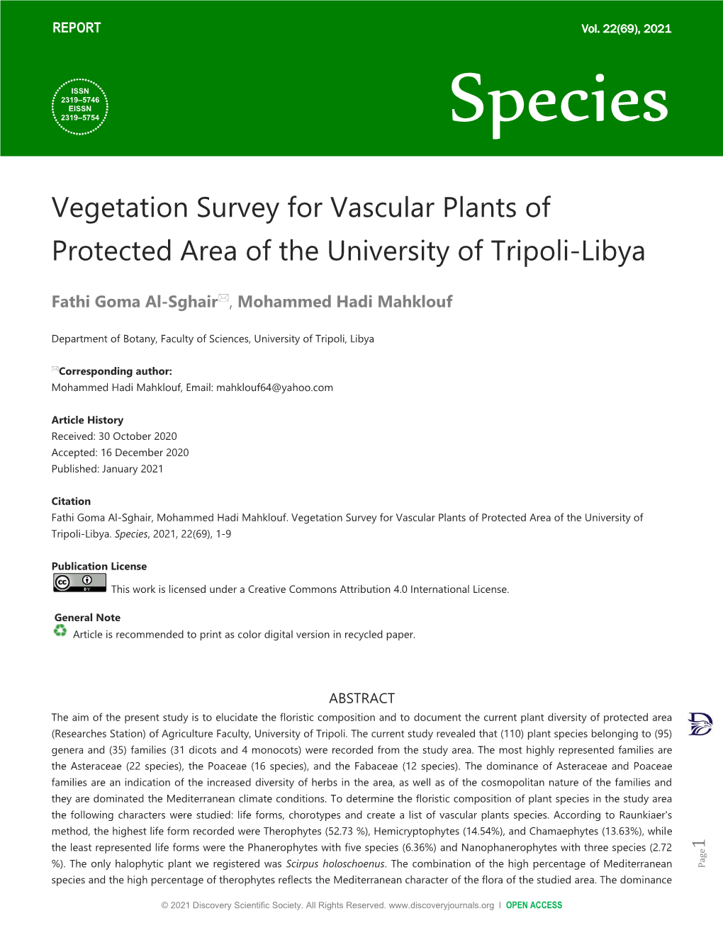 Vegetation Survey for Vascular Plants of Protected Area of the University of Tripoli-Libya