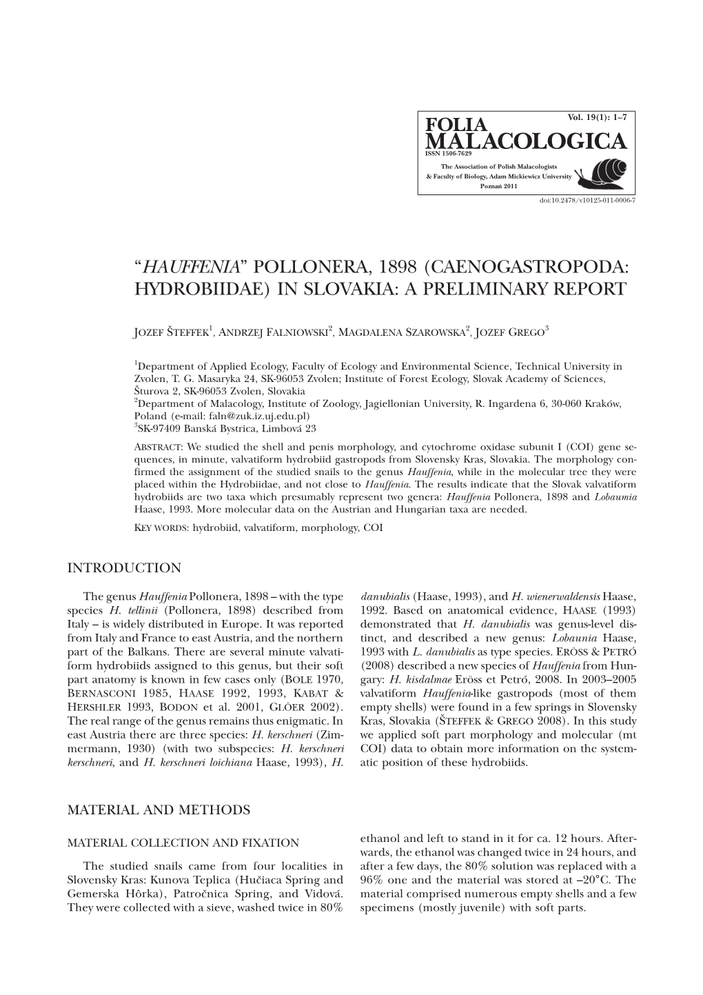 Caenogastropoda: Hydrobiidae) in Slovakia: a Preliminary Report