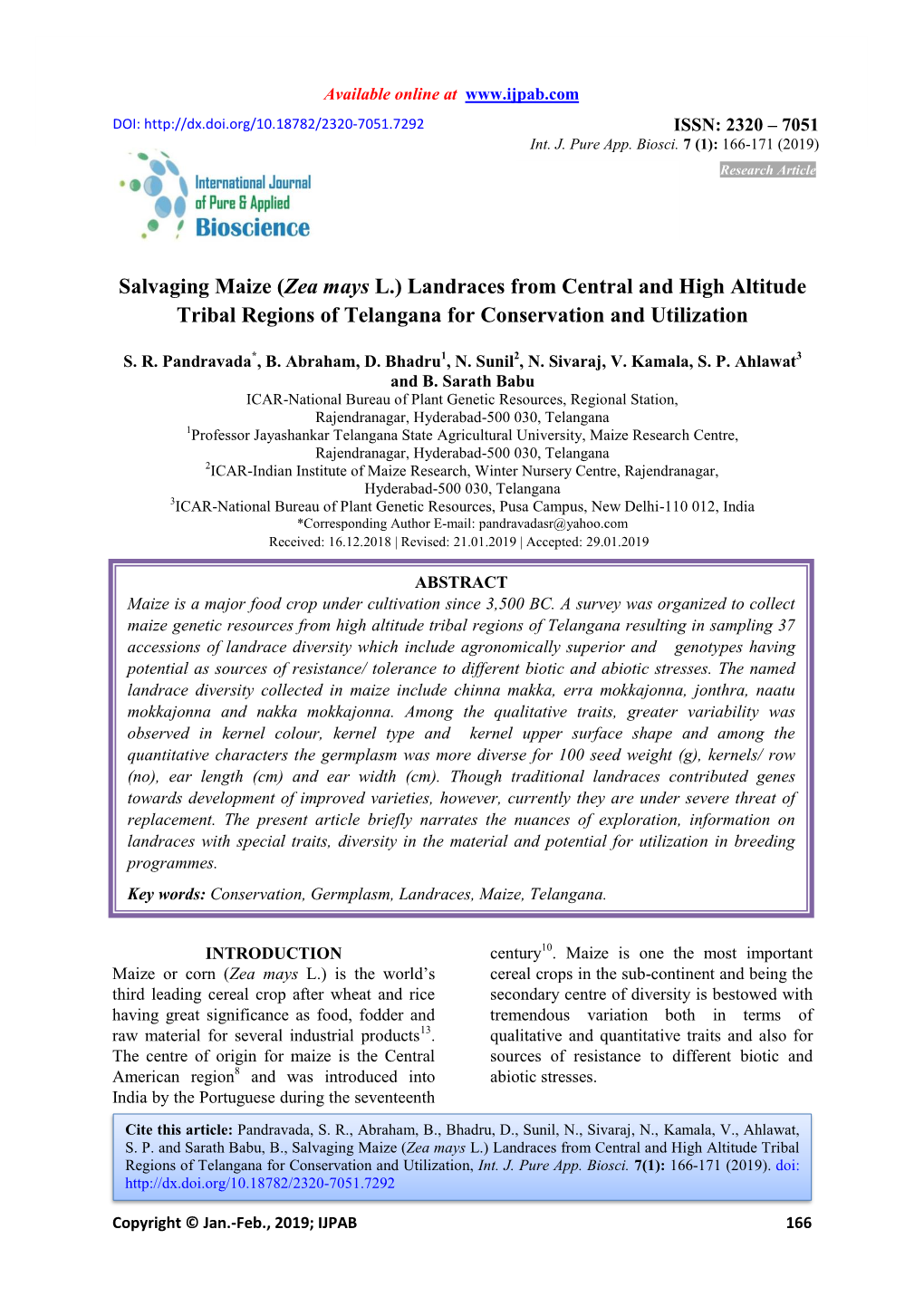 (Zea Mays L.) Landraces from Central and High Altitude Tribal Regions of Telangana for Conservation and Utilization