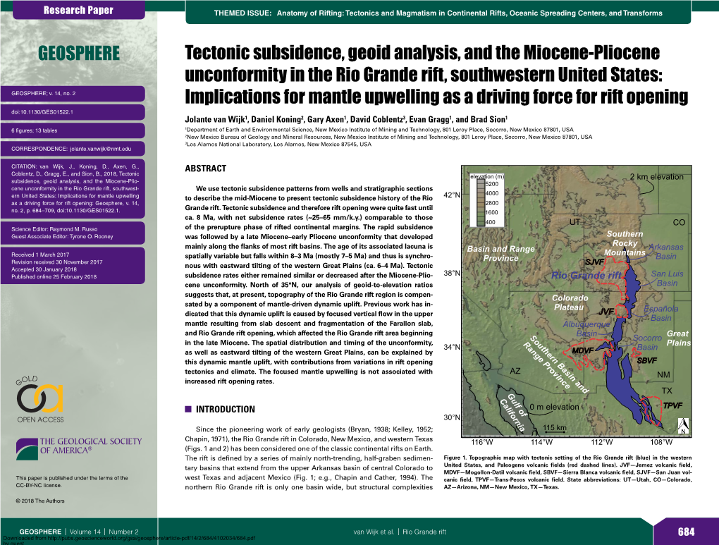 Tectonic Subsidence, Geoid Analysis, and the Miocene-Pliocene Unconformity in the Rio Grande Rift, Southwestern United States: GEOSPHERE; V