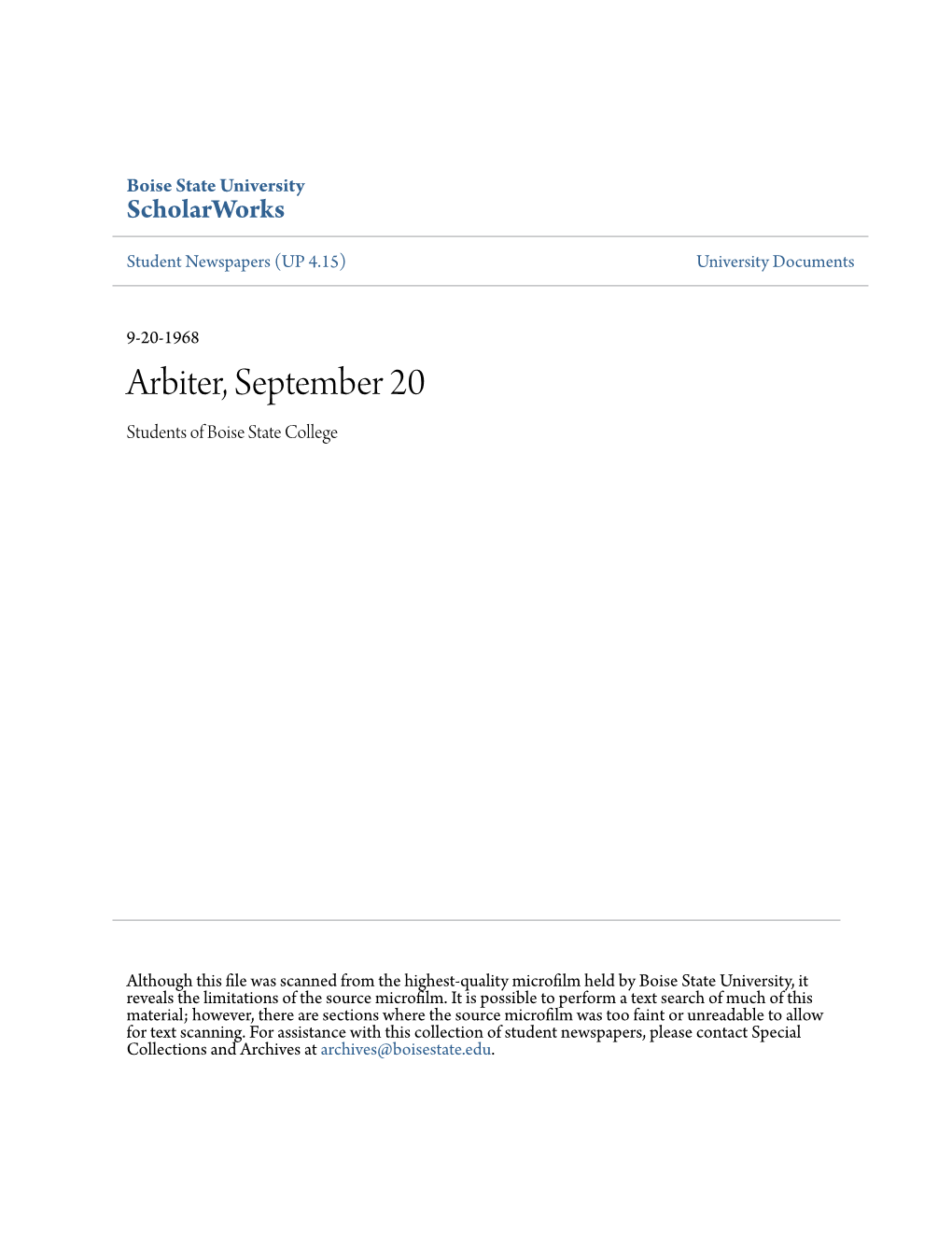 Arbiter, September 20 Students of Boise State College