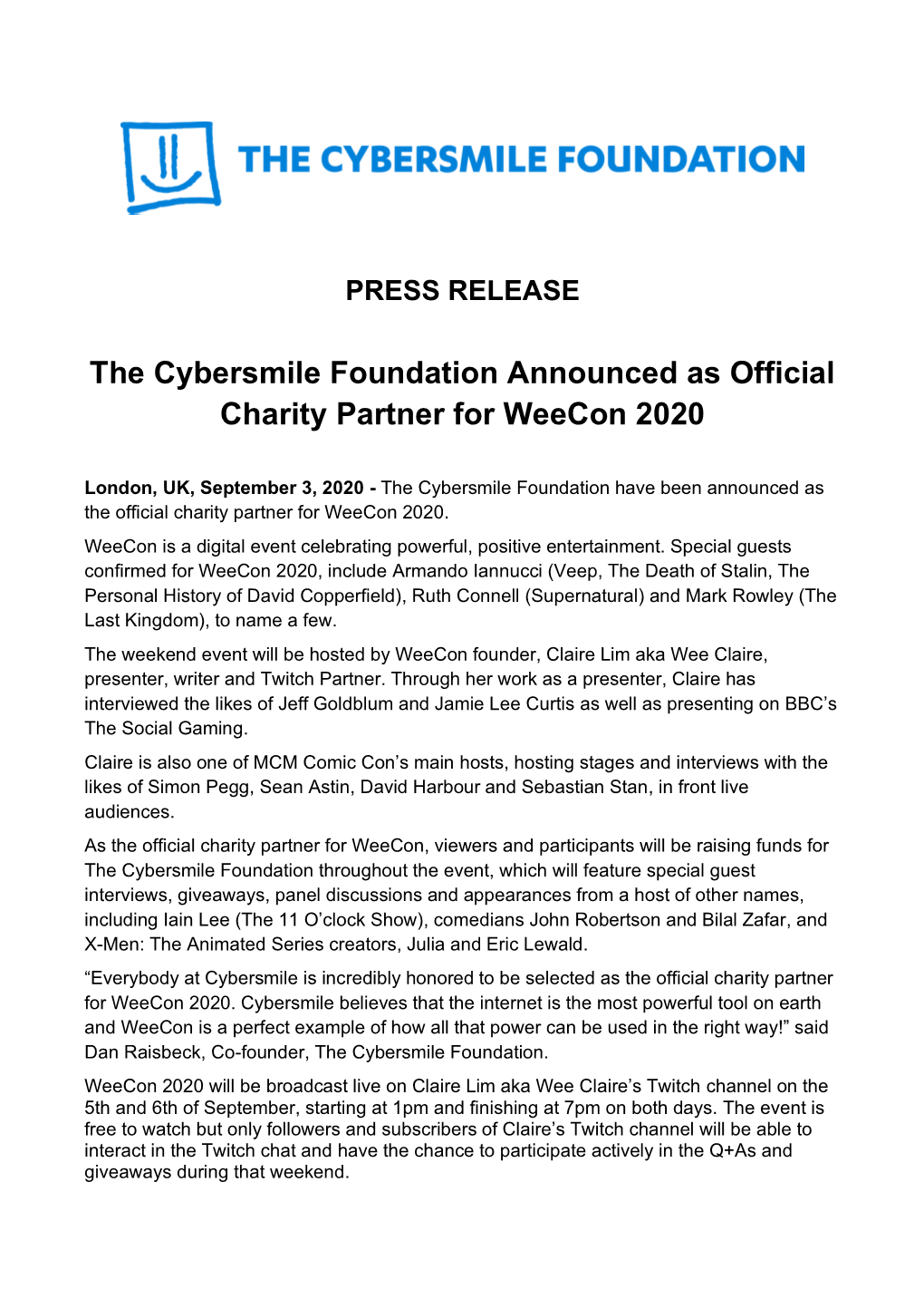 The Cybersmile Foundation Announced As Official Charity Partner for Weecon 2020