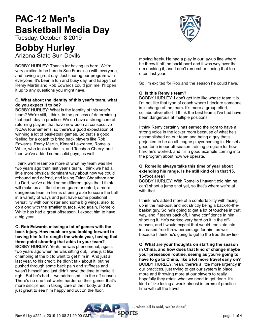 PAC-12 Men's Basketball Media Day Bobby Hurley