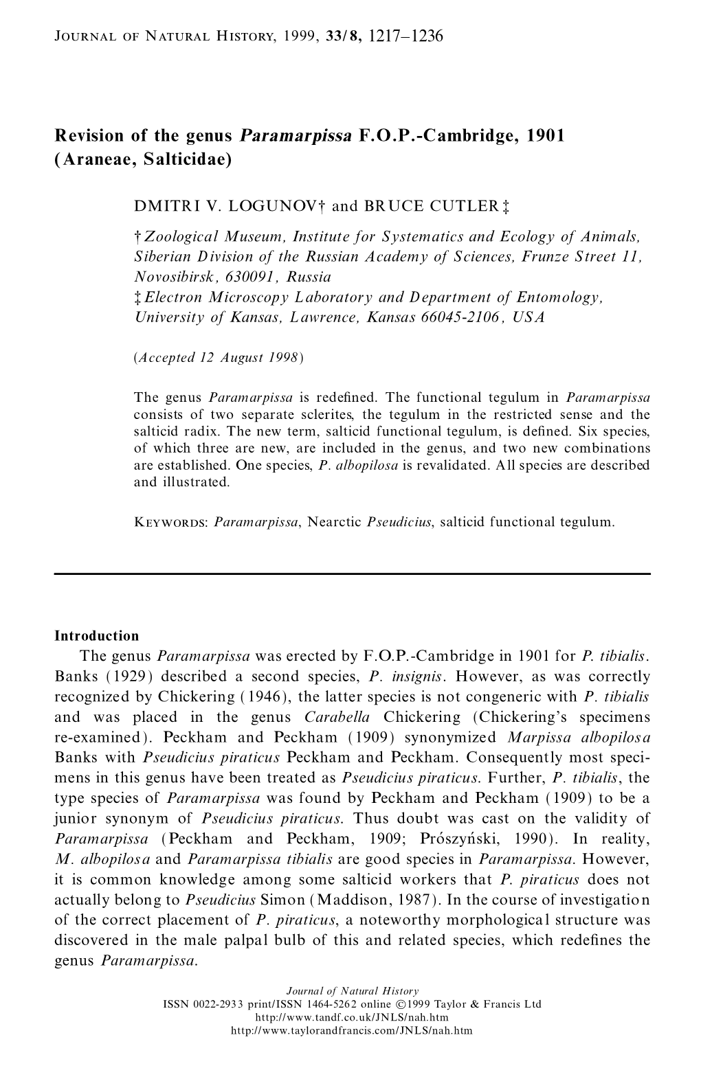 Revision of the Genus Paramarpissa F. O. P.-Cambridge, 1901 (Araneae, Salticidae)