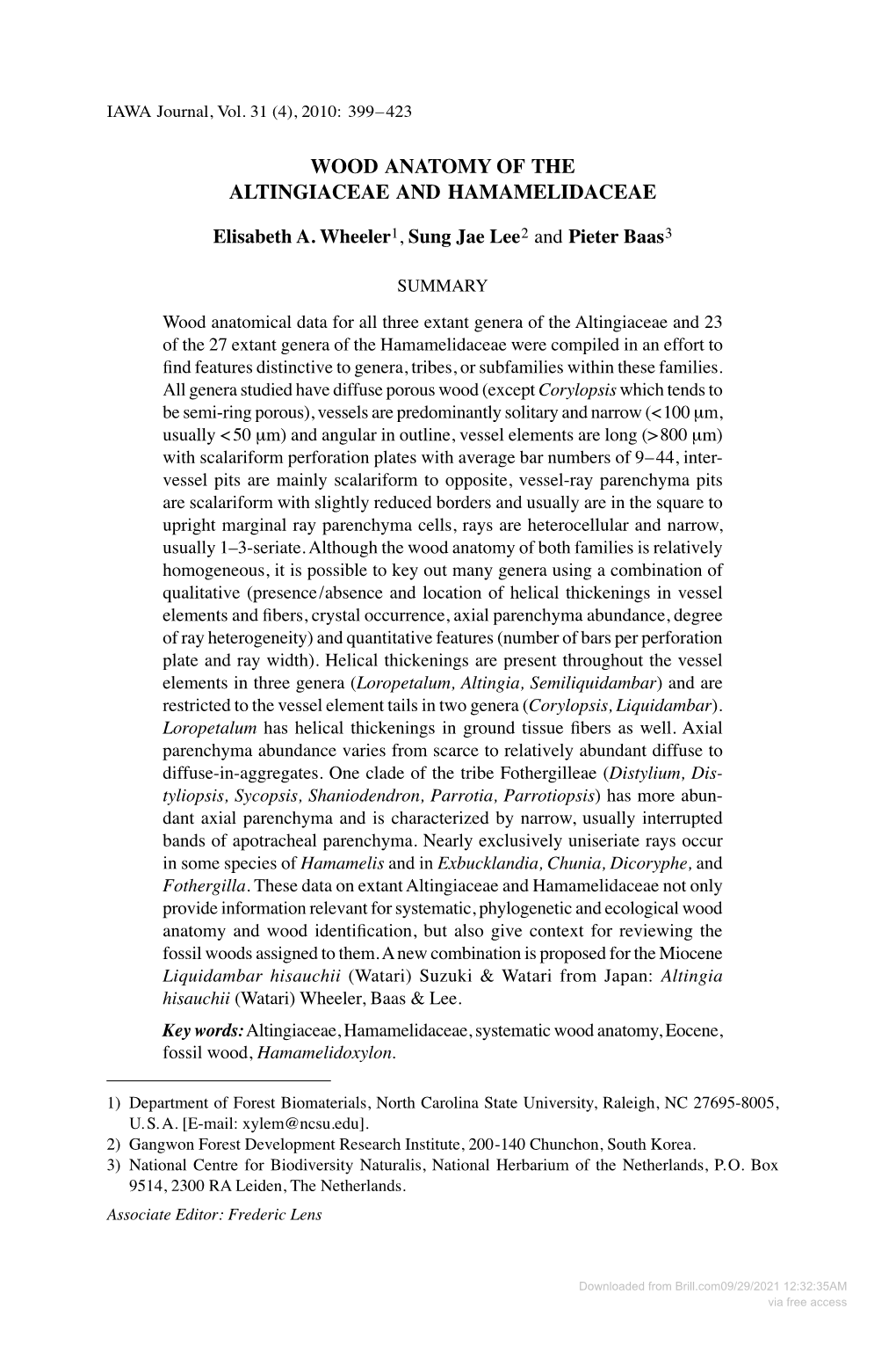 Wood Anatomy of the Altingiaceae and Hamamelidaceae