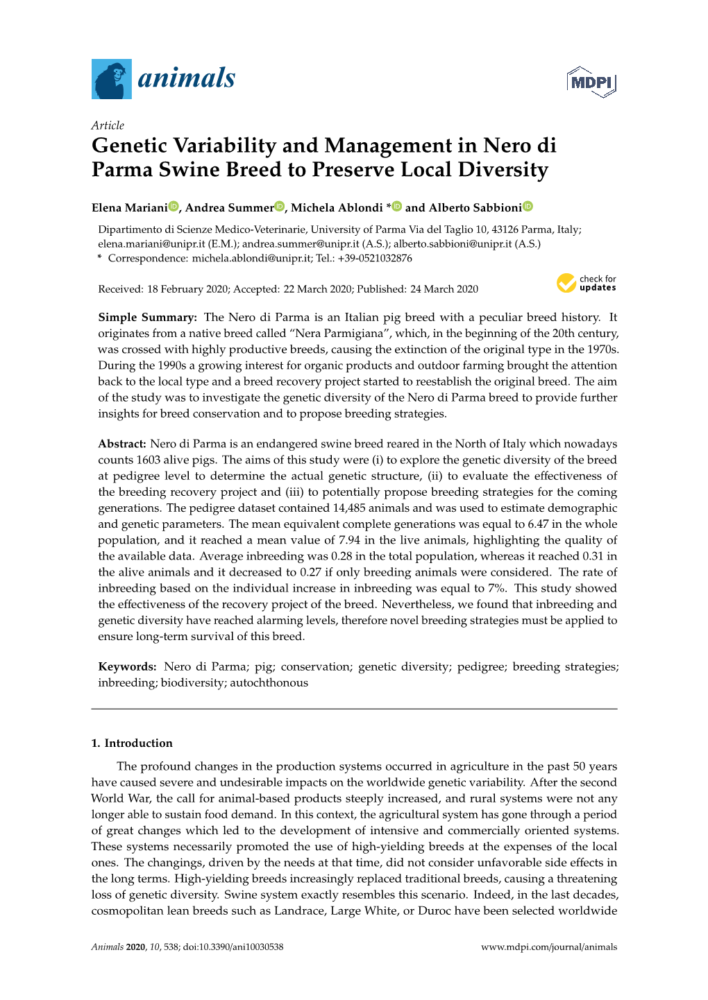 Genetic Variability and Management in Nero Di Parma Swine Breed to Preserve Local Diversity