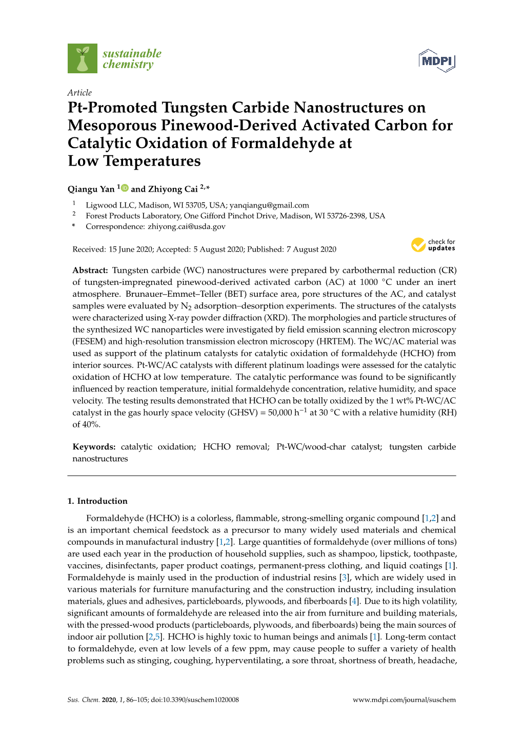 Pt-Promoted Tungsten Carbide Nanostructures on Mesoporous Pinewood-Derived Activated Carbon for Catalytic Oxidation of Formaldehyde at Low Temperatures
