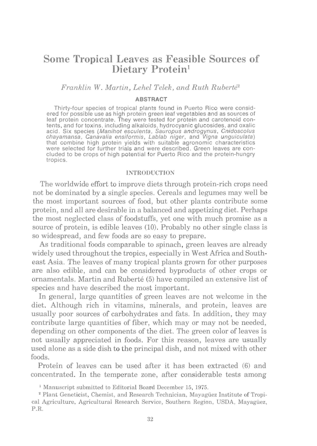 Some Tropical Leaves As Feasible Sources of Dietary Protein 1