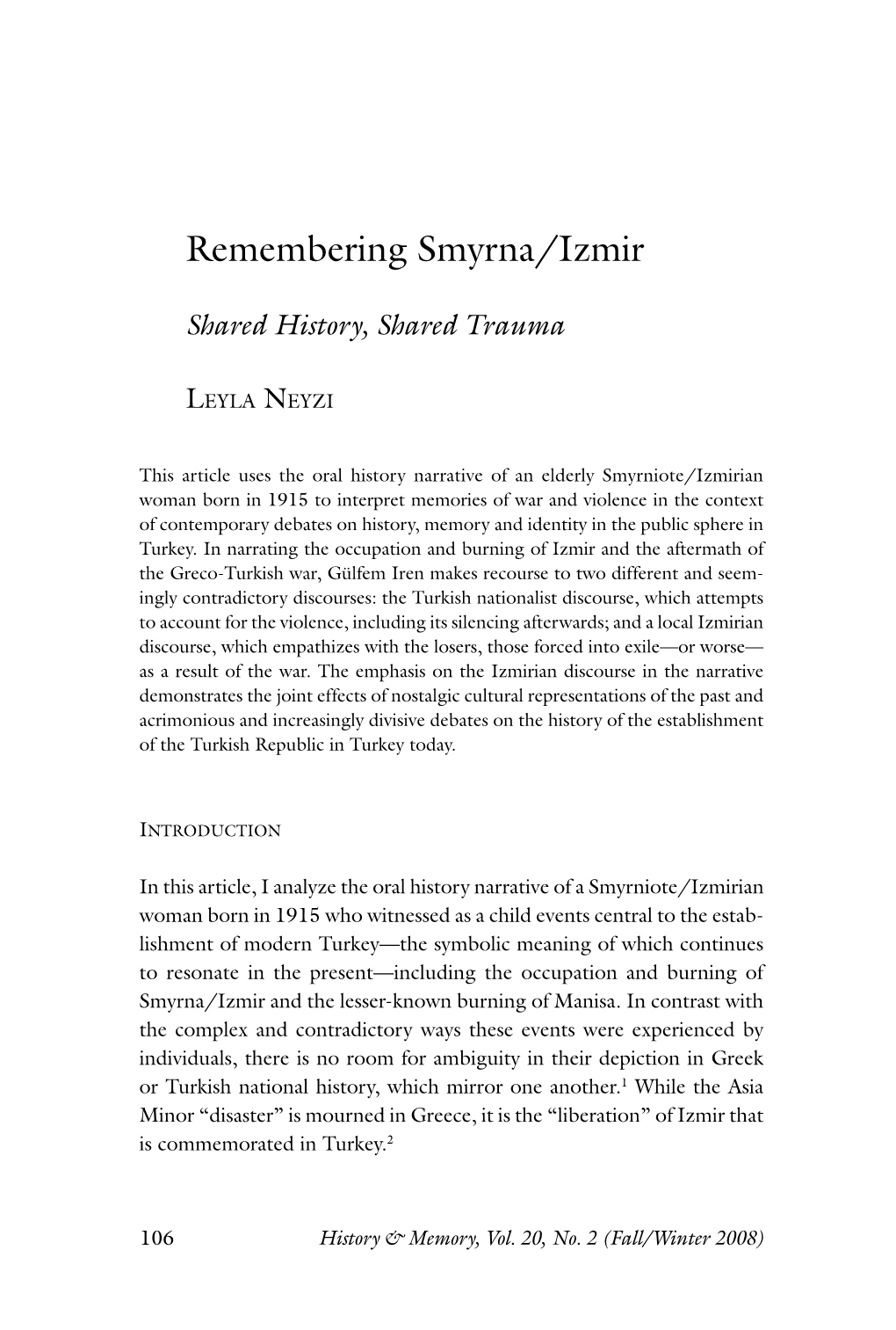Remembering Smyrna/Izmir