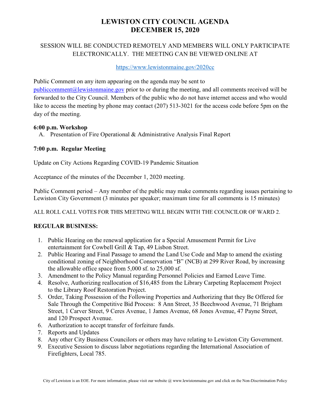 Lewiston City Council Agenda for December 15, 2020