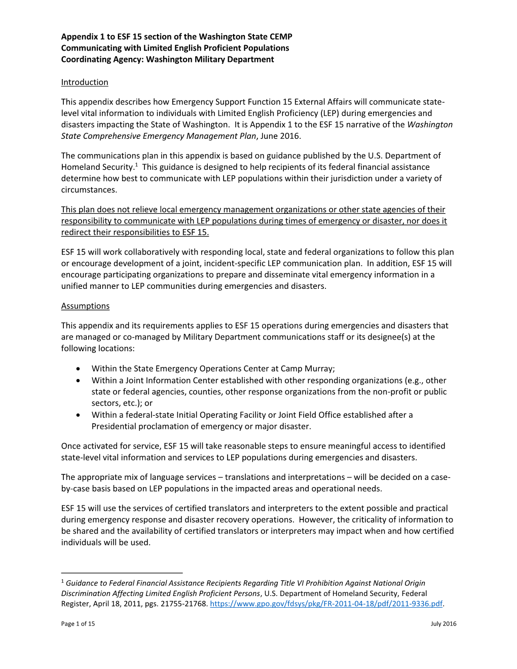 Communicating with Limited English Proficient Populations Coordinating Agency: Washington Military Department