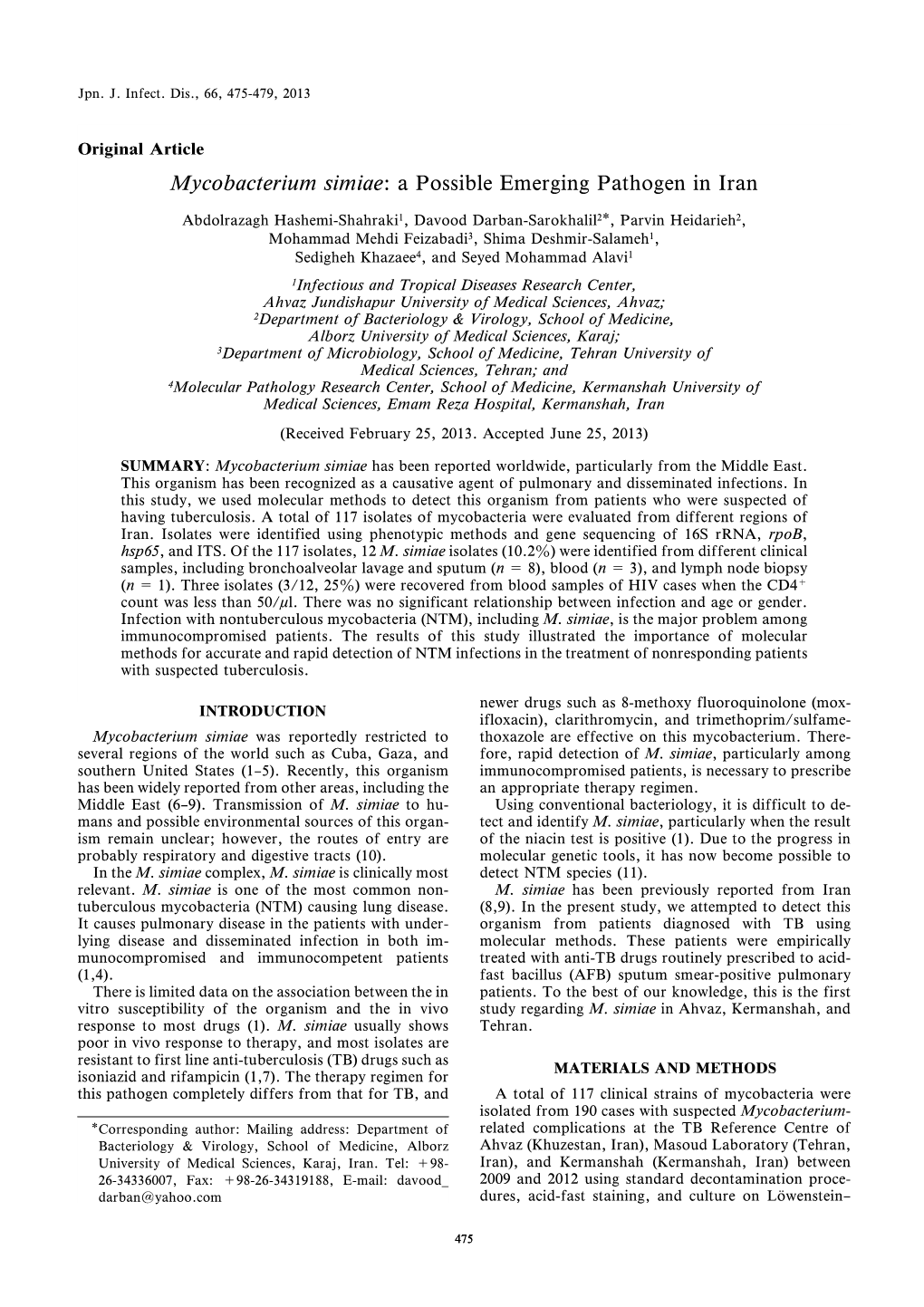 Mycobacterium Simiae: a Possible Emerging Pathogen in Iran