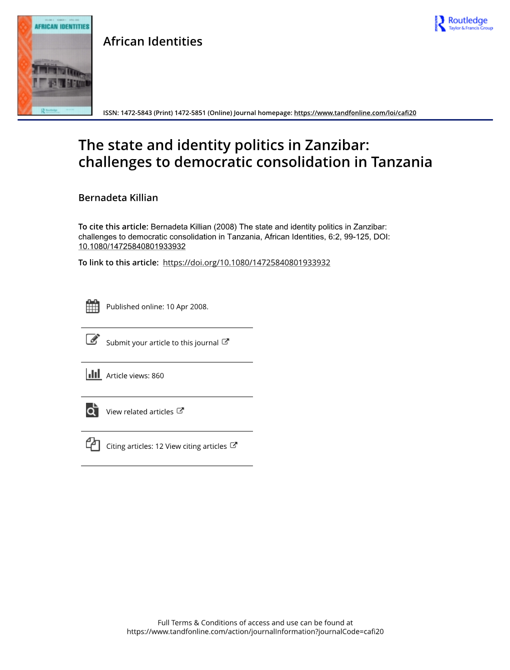 The State and Identity Politics in Zanzibar: Challenges to Democratic Consolidation in Tanzania