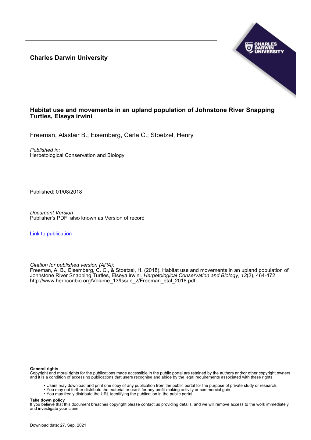 Charles Darwin University Habitat Use and Movements in an Upland Population of Johnstone River Snapping Turtles, Elseya Irwini F