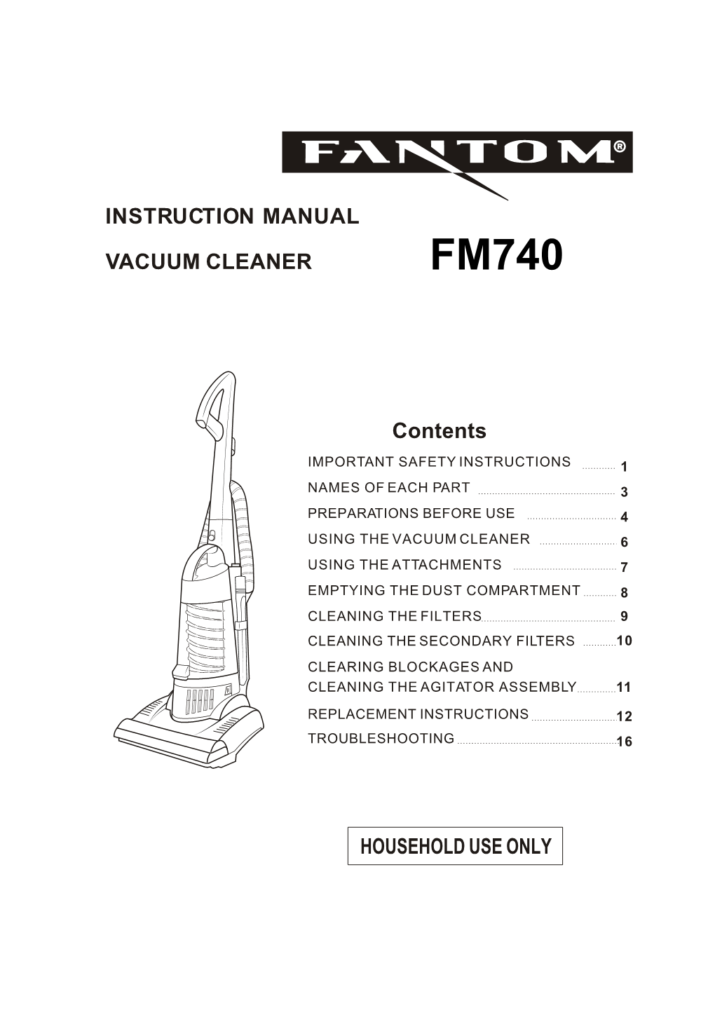 Instruction Manual Vacuum Cleaner Household Use