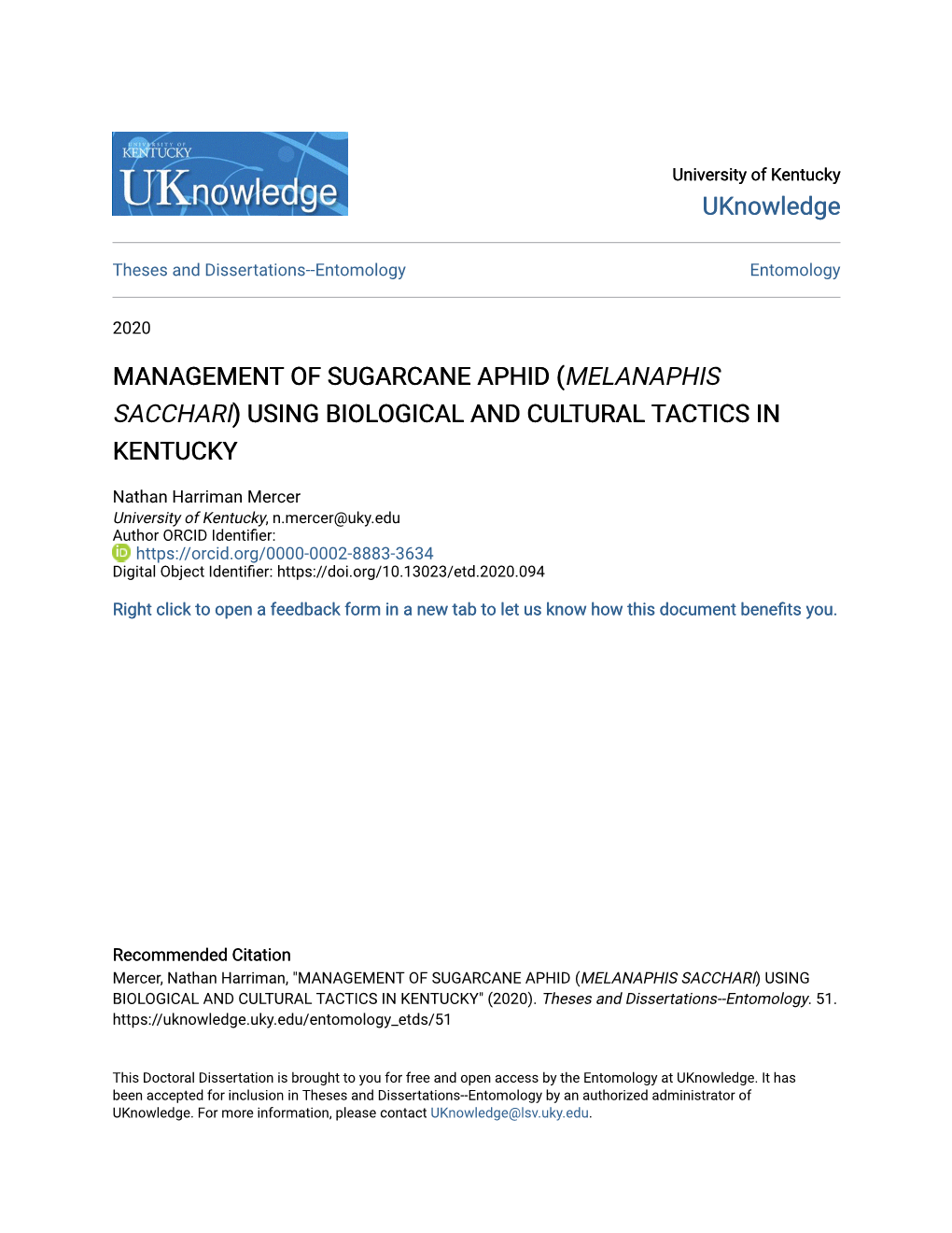 Management of Sugarcane Aphid (Melanaphis Sacchari) Using Biological and Cultural Tactics in Kentucky