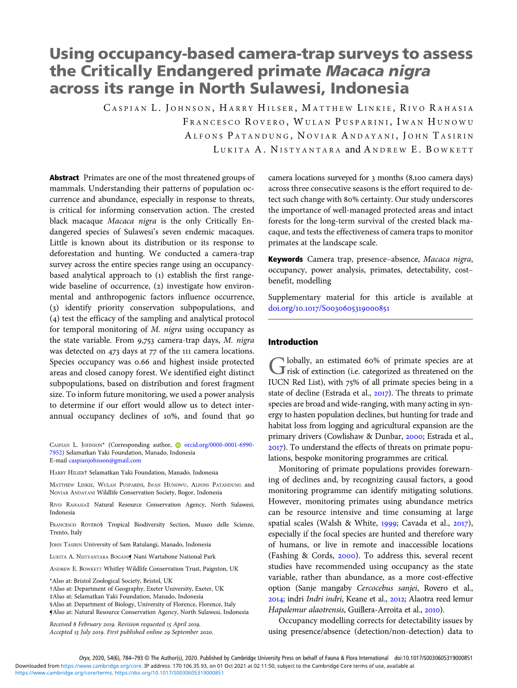 Using Occupancy-Based Camera-Trap Surveys to Assess the Critically Endangered Primate Macaca Nigra Across Its Range in North Sulawesi, Indonesia