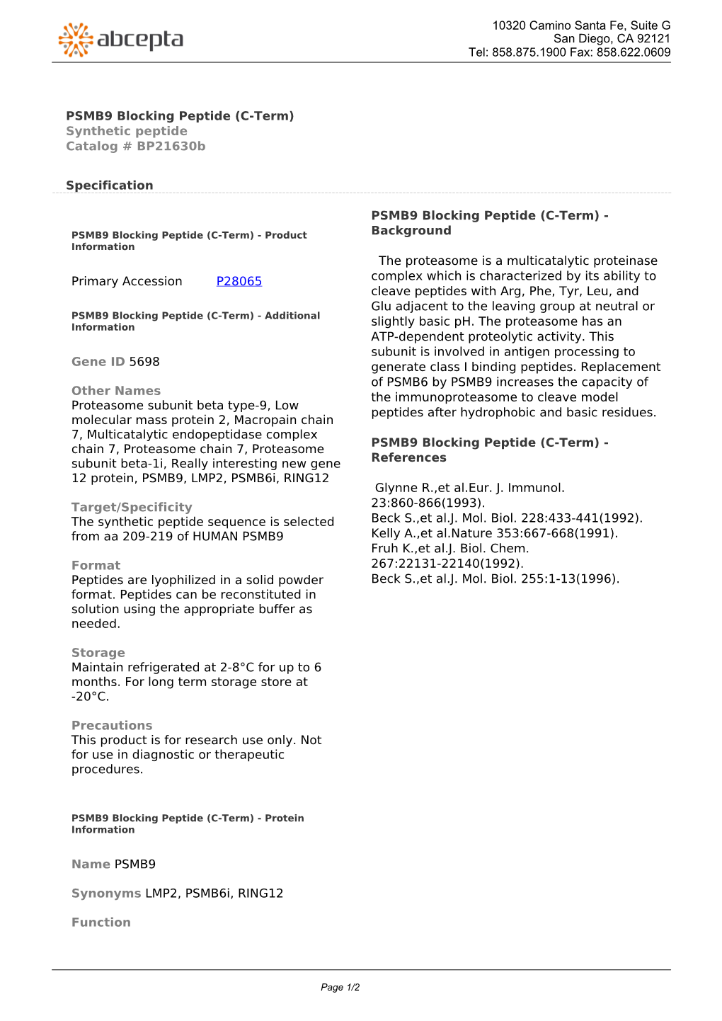 PSMB9 Blocking Peptide (C-Term) Synthetic Peptide Catalog # Bp21630b