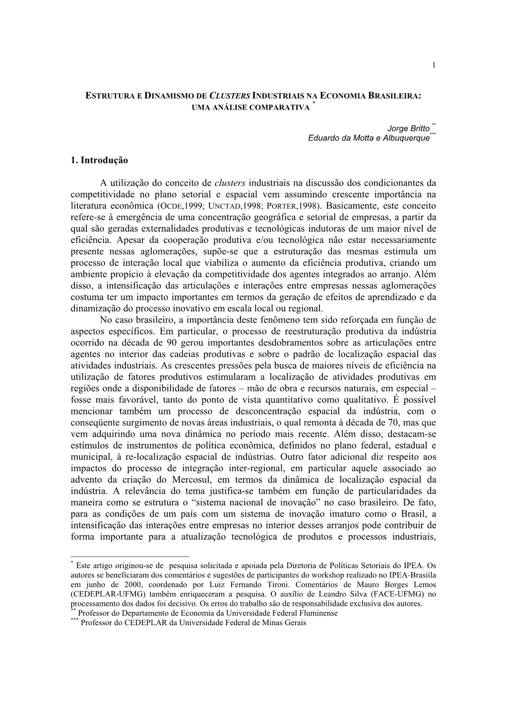 1. Introdução a Utilização Do Conceito De Clusters Industriais Na Discussão