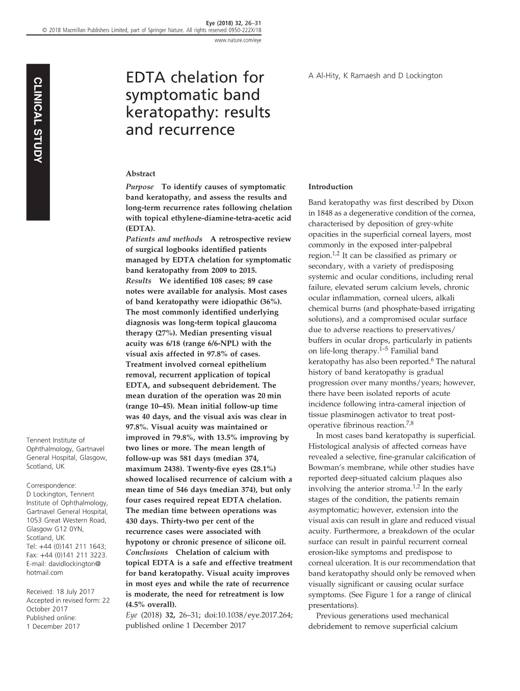 EDTA Chelation for Symptomatic Band Keratopathy a Al-Hity Et Al 27