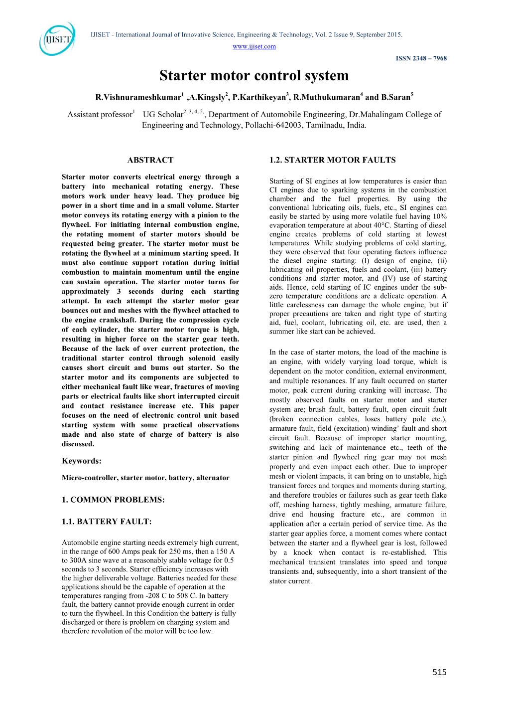 Starter Motor Control System